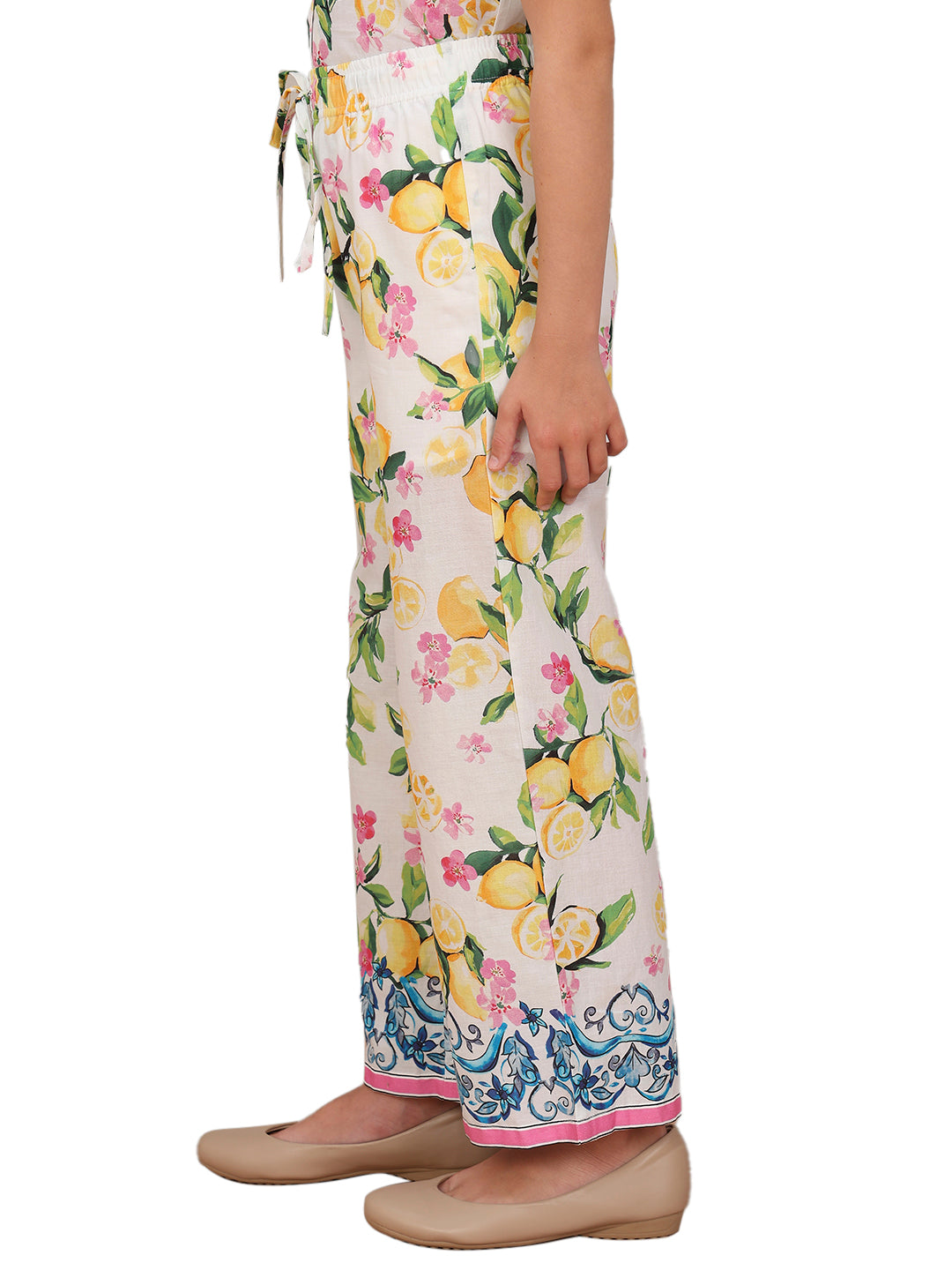 Girls Vibrant Yellow Lemon Floral Cotton Straight Fit Pants