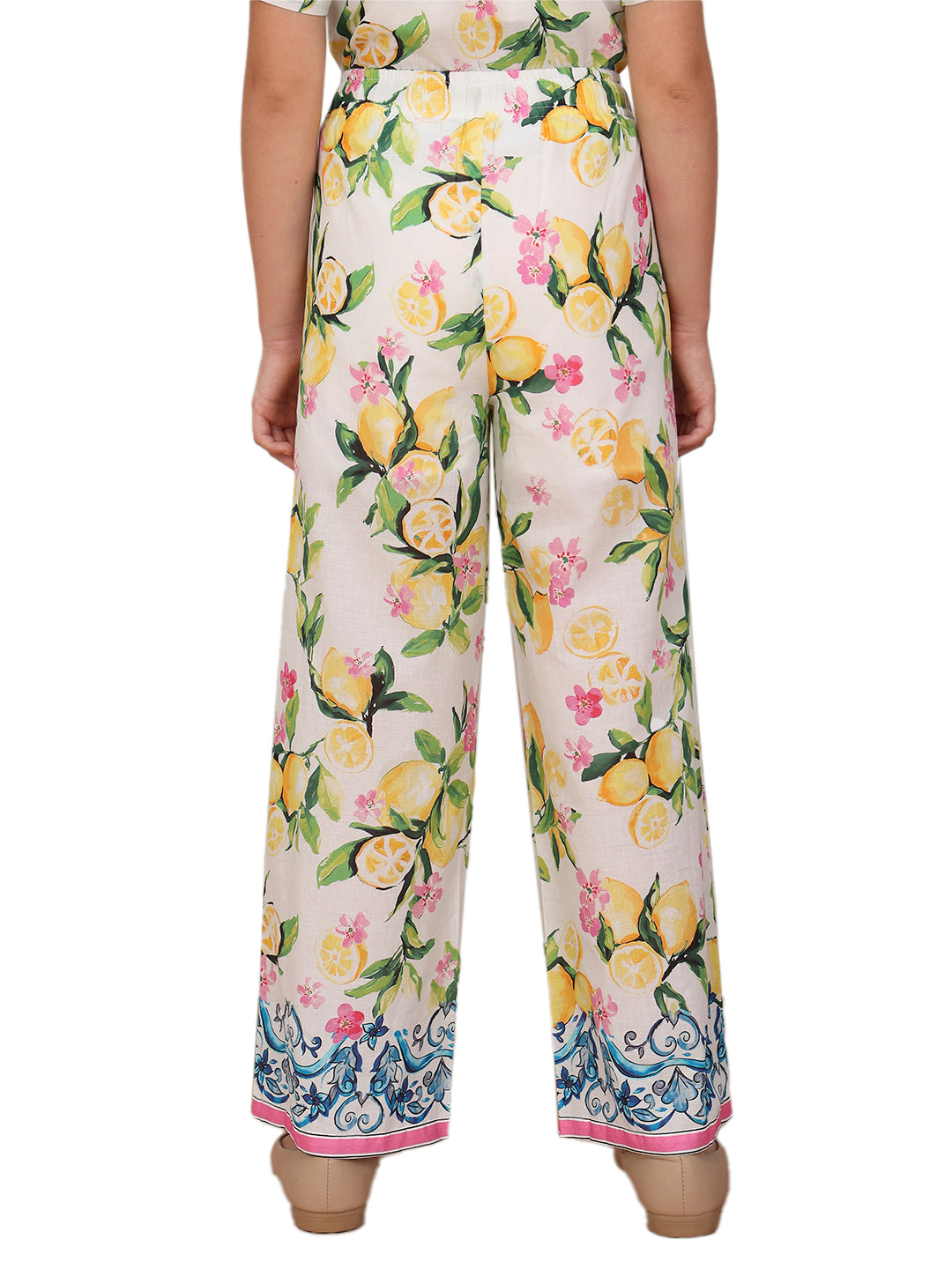 Girls Vibrant Yellow Lemon Floral Cotton Straight Fit Pants