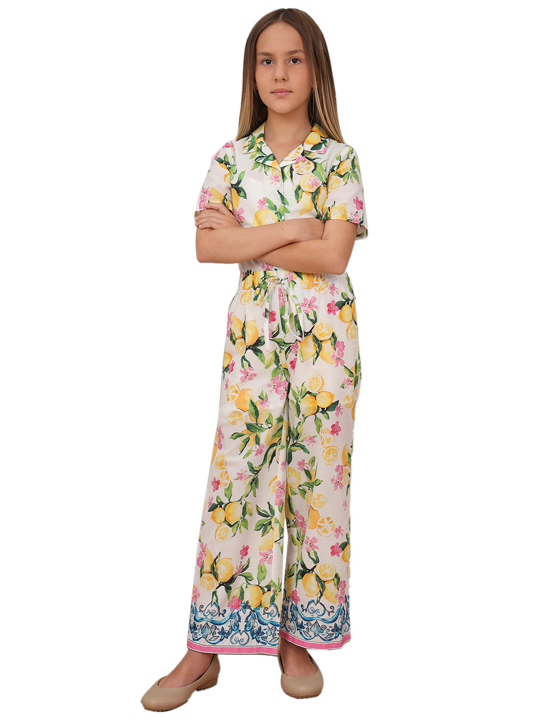 Girls Vibrant Yellow Lemon Floral Cotton Straight Fit Pants