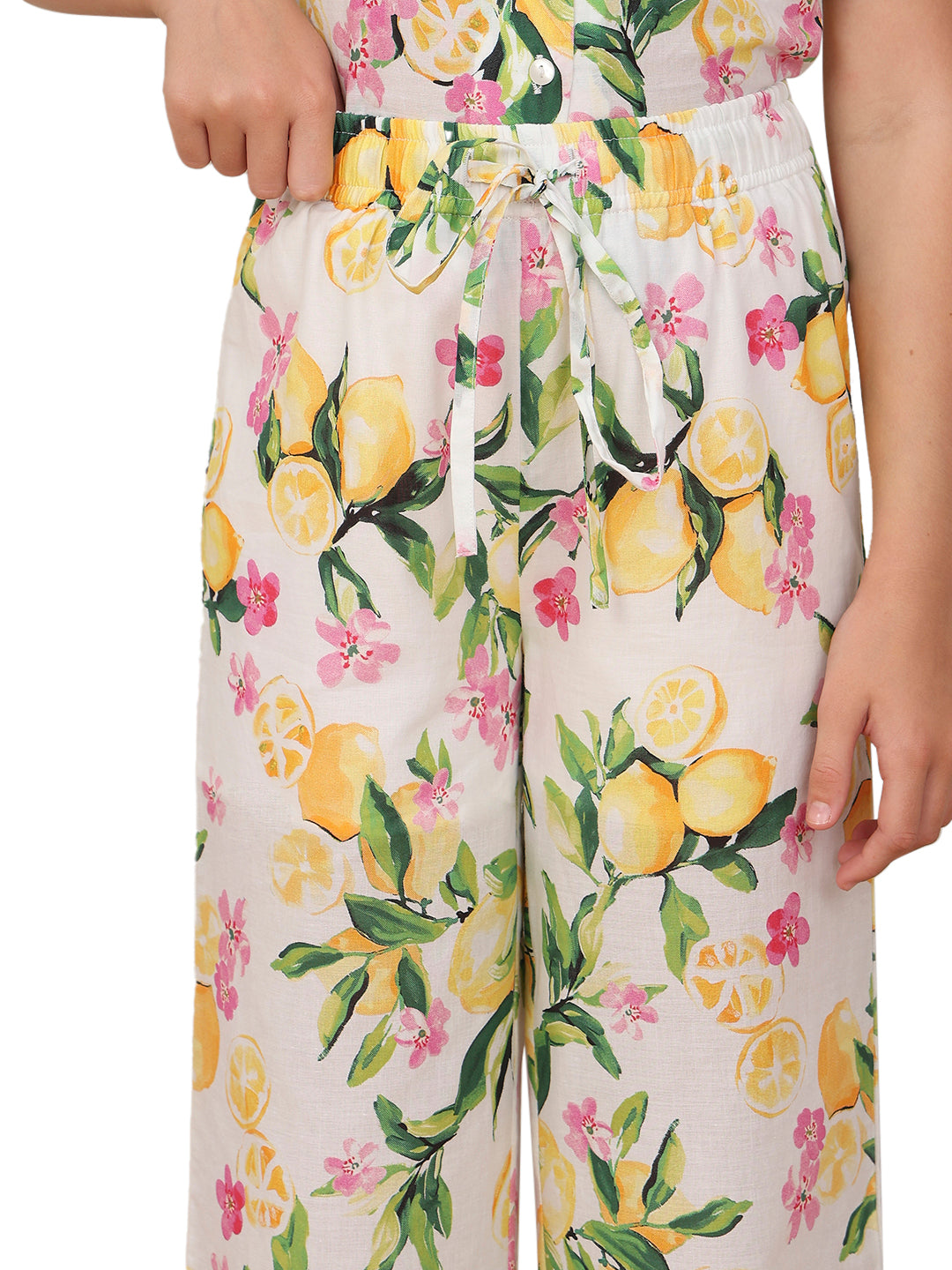 Girls Vibrant Yellow Lemon Floral Cotton Straight Fit Pants