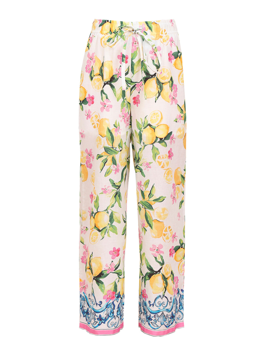 Girls Vibrant Yellow Lemon Floral Cotton Straight Fit Pants
