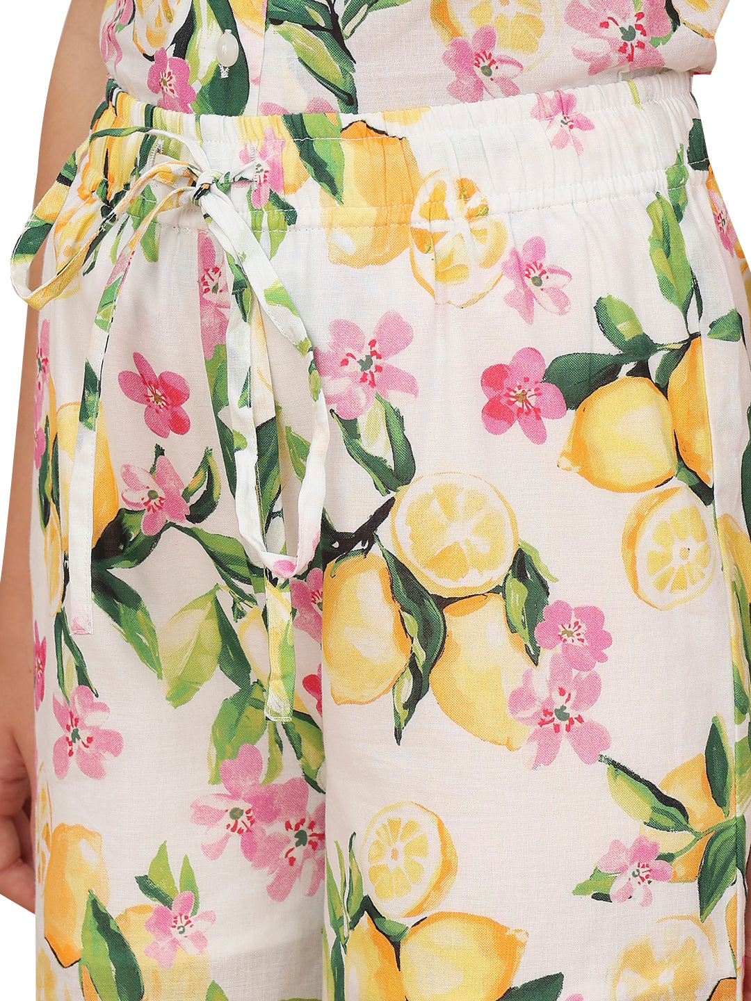 Girls Vibrant Yellow Lemon Floral Cotton Straight Fit Pants