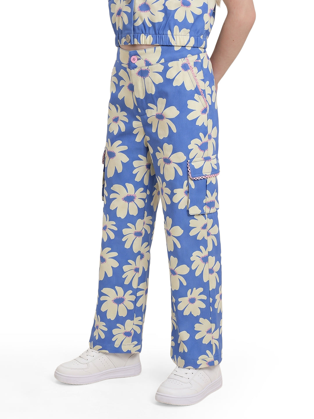 Girls Blue Abstract Print Regular-Fit 100% Cotton Pants