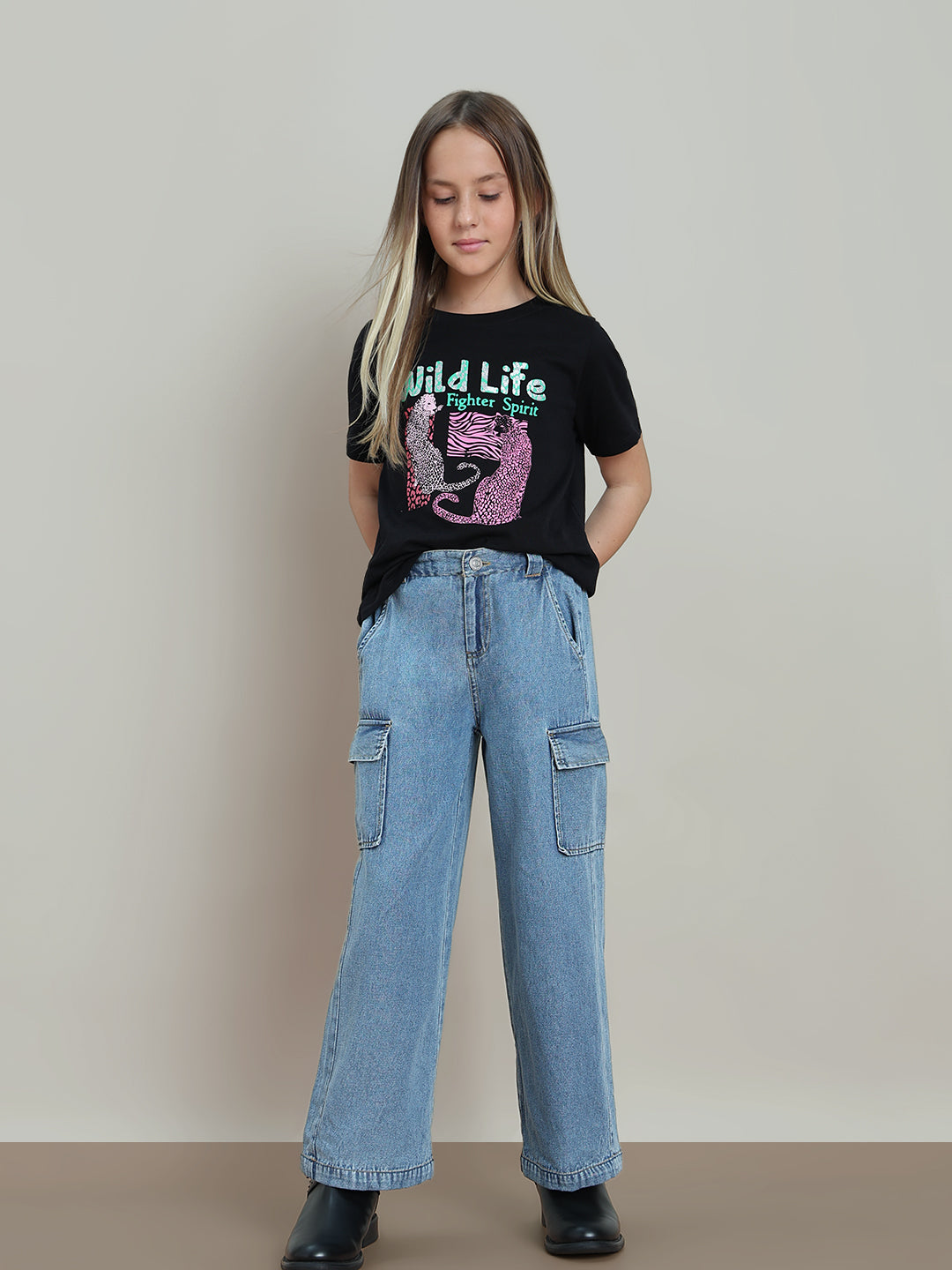 Girls Medium Blue Cotton Wide Leg Cargo Pants with Utility Pockets