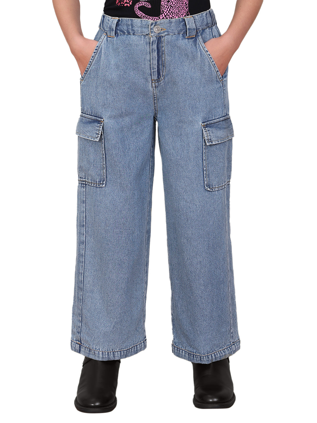 Girls Medium Blue Cotton Wide Leg Cargo Pants with Utility Pockets