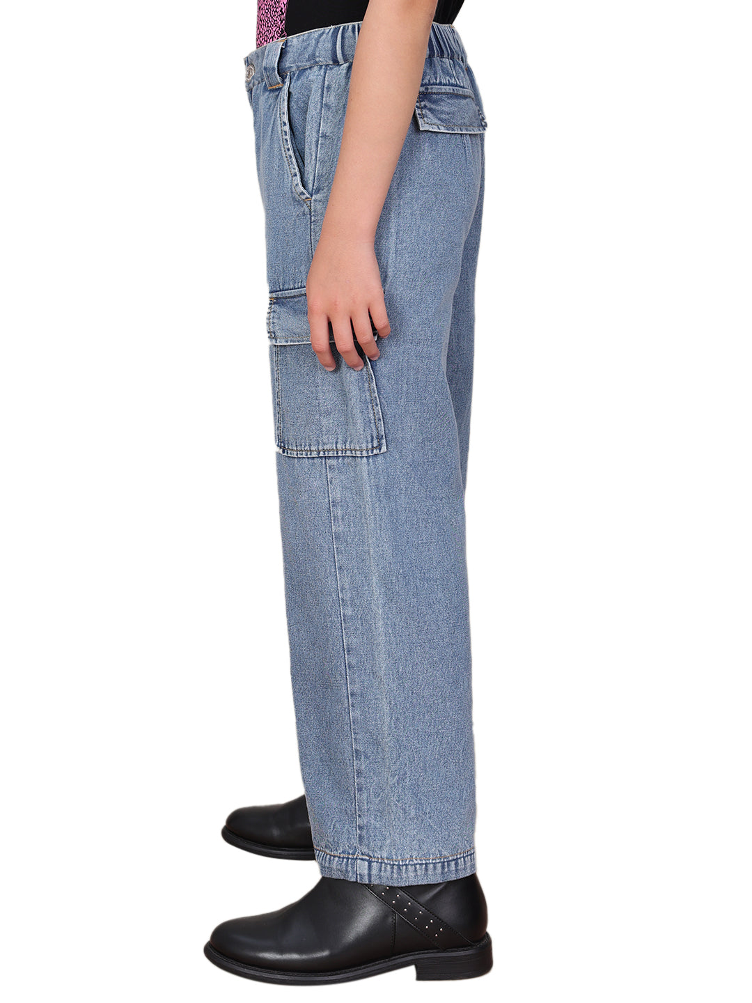 Girls Medium Blue Cotton Wide Leg Cargo Pants with Utility Pockets