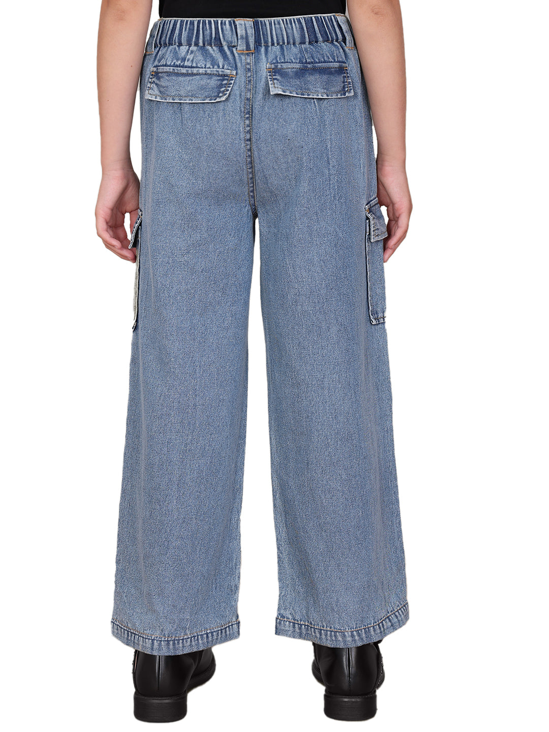 Girls Medium Blue Cotton Wide Leg Cargo Pants with Utility Pockets