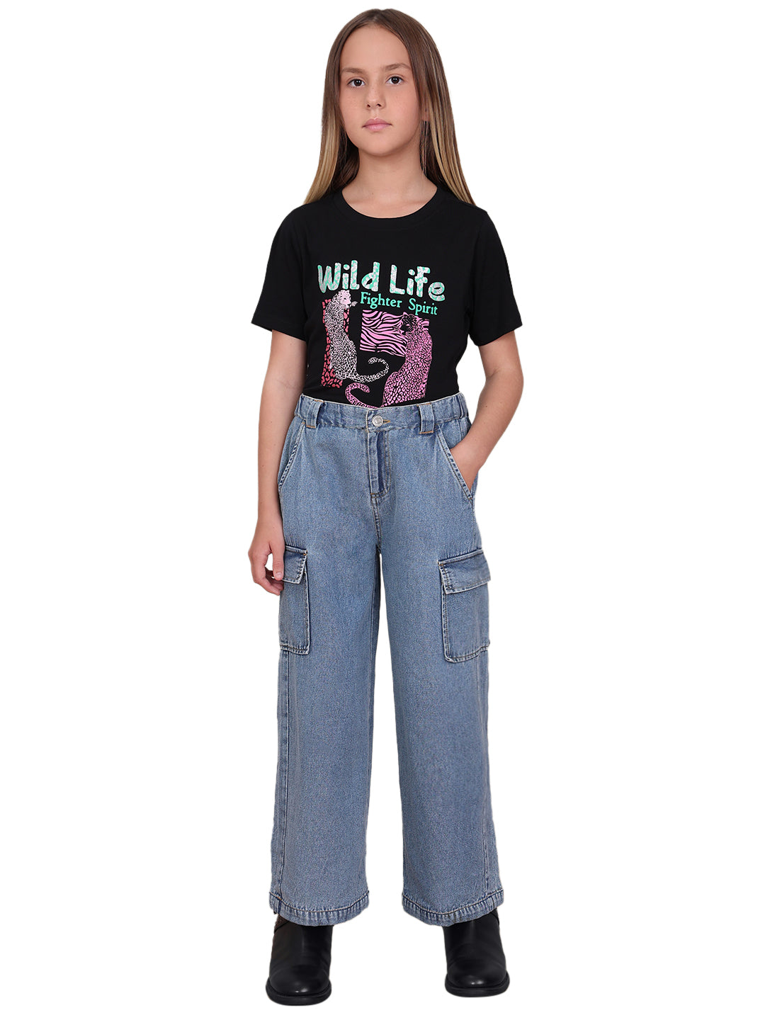 Girls Medium Blue Cotton Wide Leg Cargo Pants with Utility Pockets