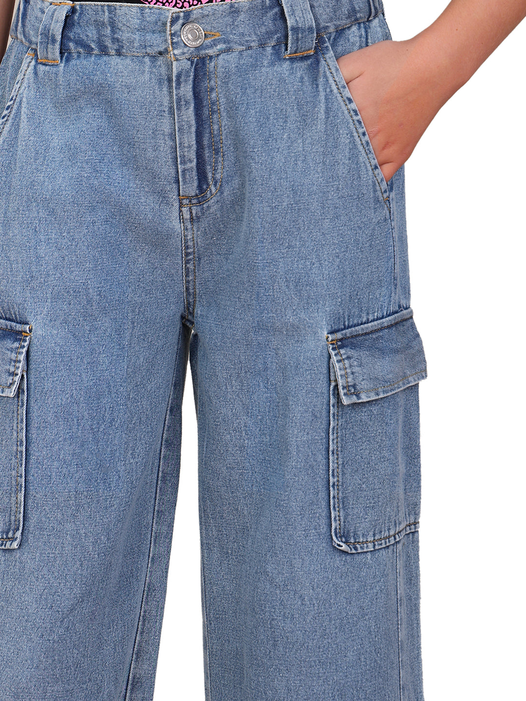 Girls Medium Blue Cotton Wide Leg Cargo Pants with Utility Pockets