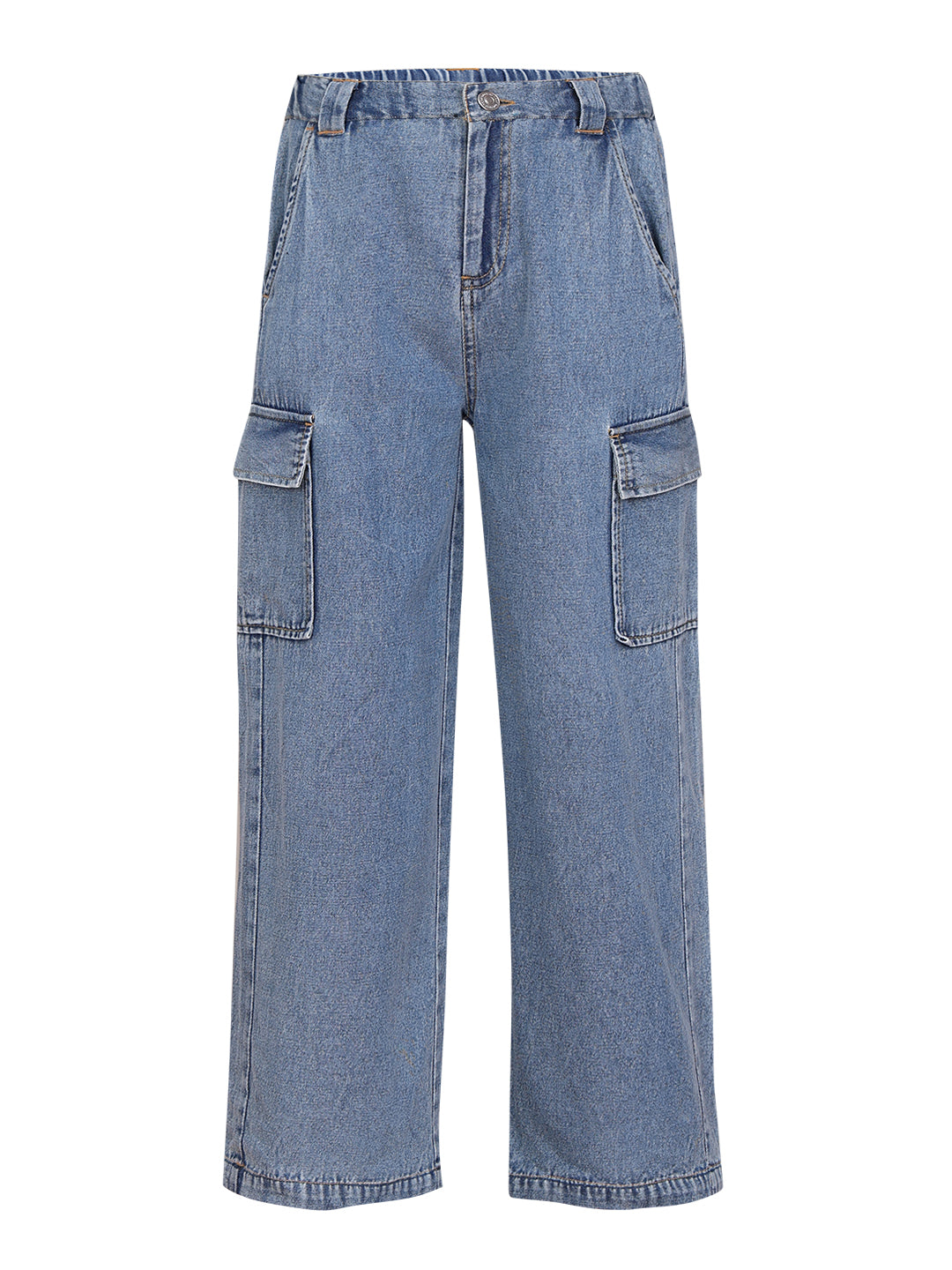Girls Medium Blue Cotton Wide Leg Cargo Pants with Utility Pockets