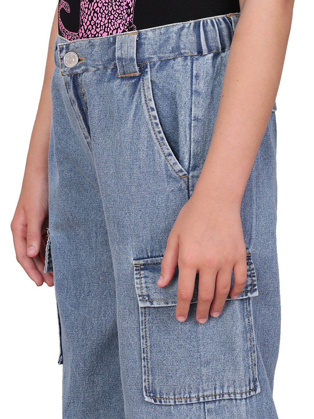 Girls Medium Blue Cotton Wide Leg Cargo Pants with Utility Pockets
