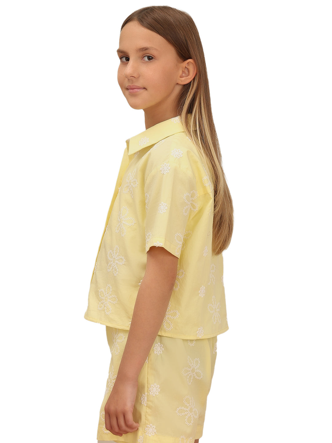 Lemon Meringue Cotton Floral Embroidered Shirt for Girls