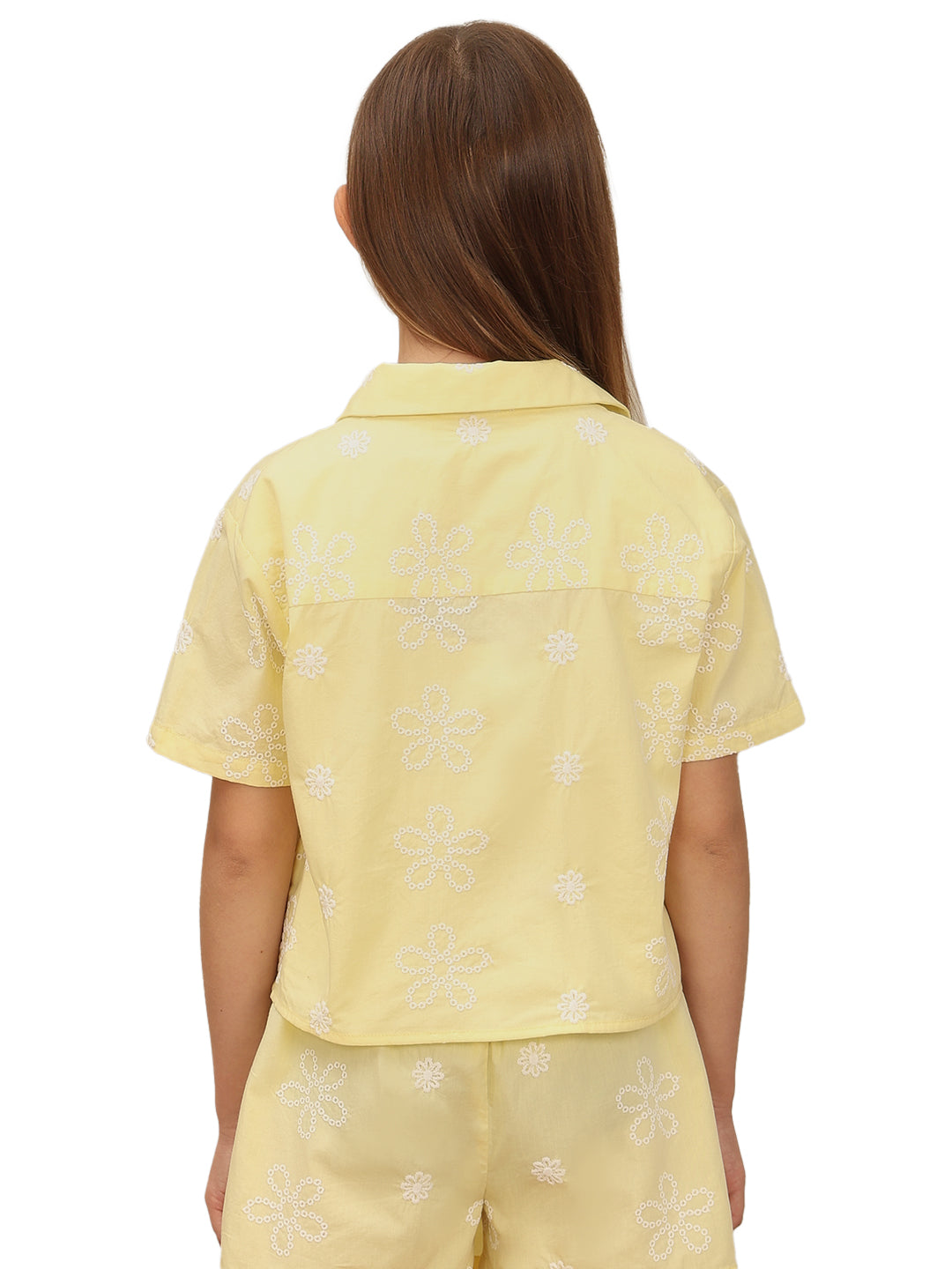 Lemon Meringue Cotton Floral Embroidered Shirt for Girls