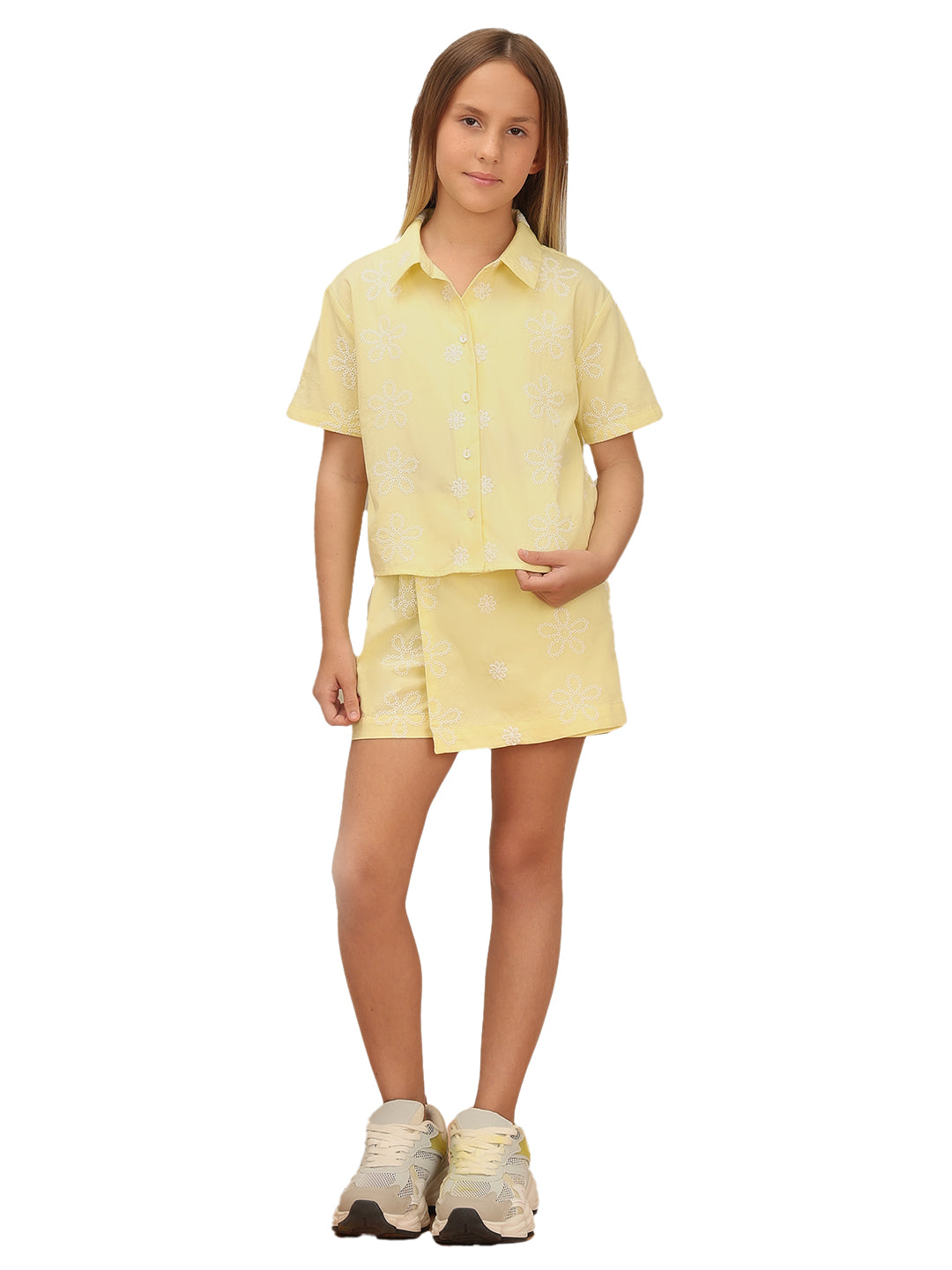 Lemon Meringue Cotton Floral Embroidered Shirt for Girls