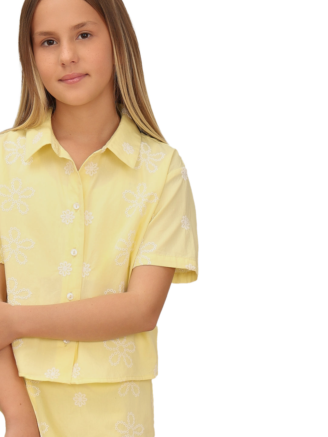 Lemon Meringue Cotton Floral Embroidered Shirt for Girls