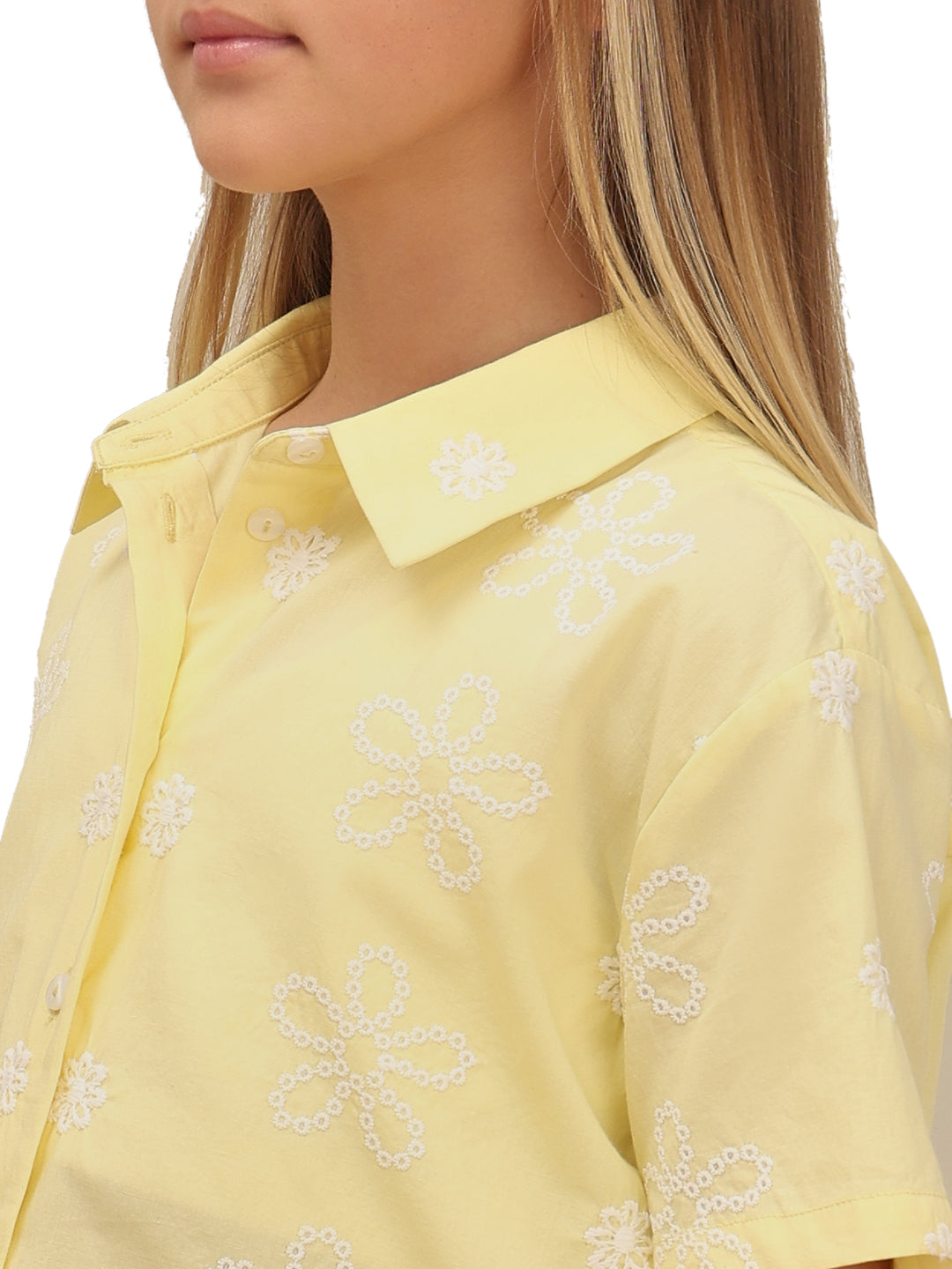 Lemon Meringue Cotton Floral Embroidered Shirt for Girls