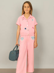 Prism Pink Cotton Embroidered V-Neck Shirt for Girls