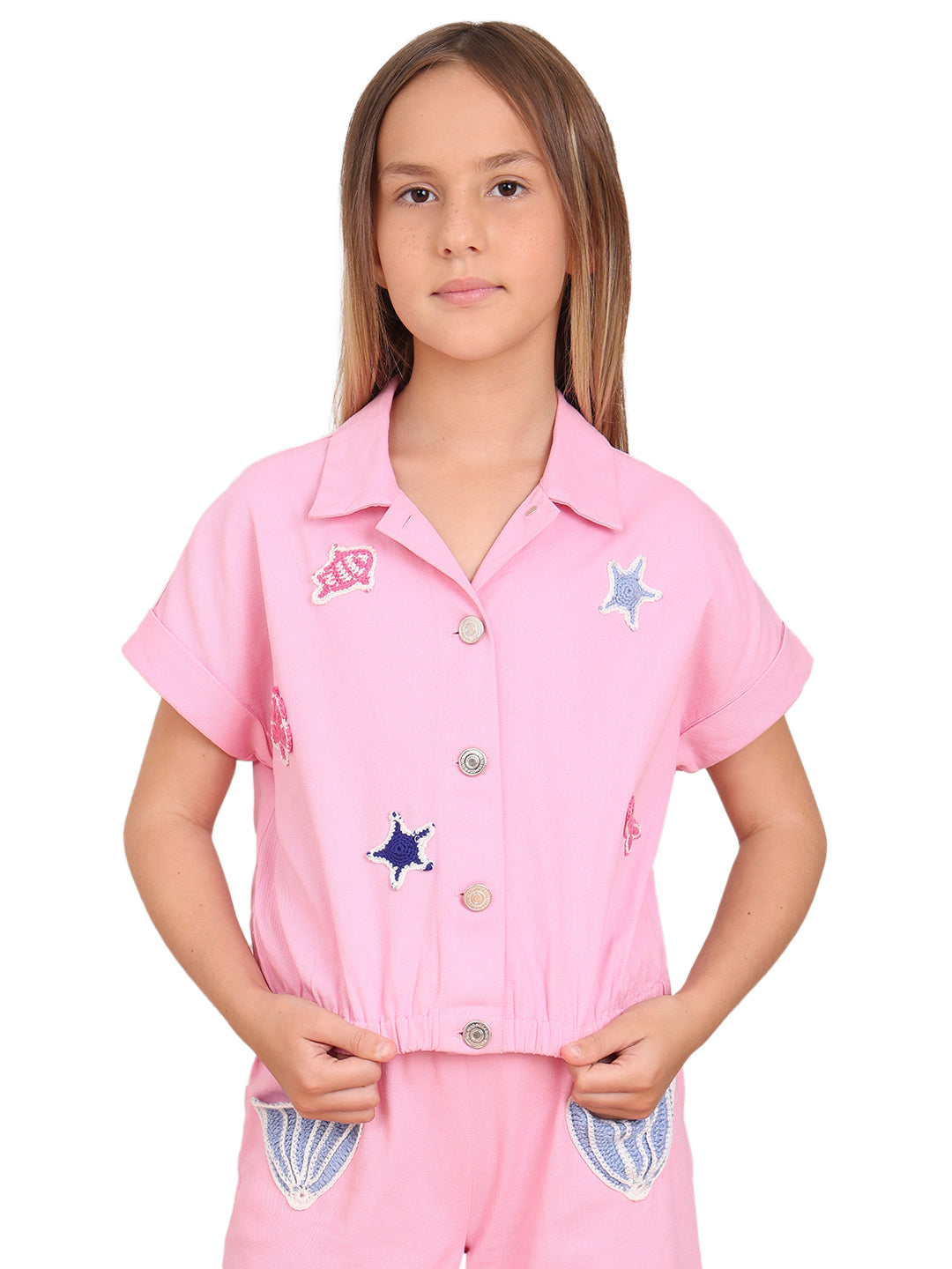 Prism Pink Cotton Embroidered V-Neck Shirt for Girls