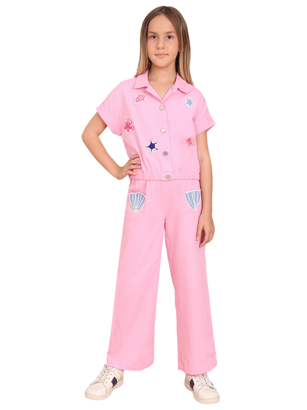 Prism Pink Cotton Embroidered V-Neck Shirt for Girls