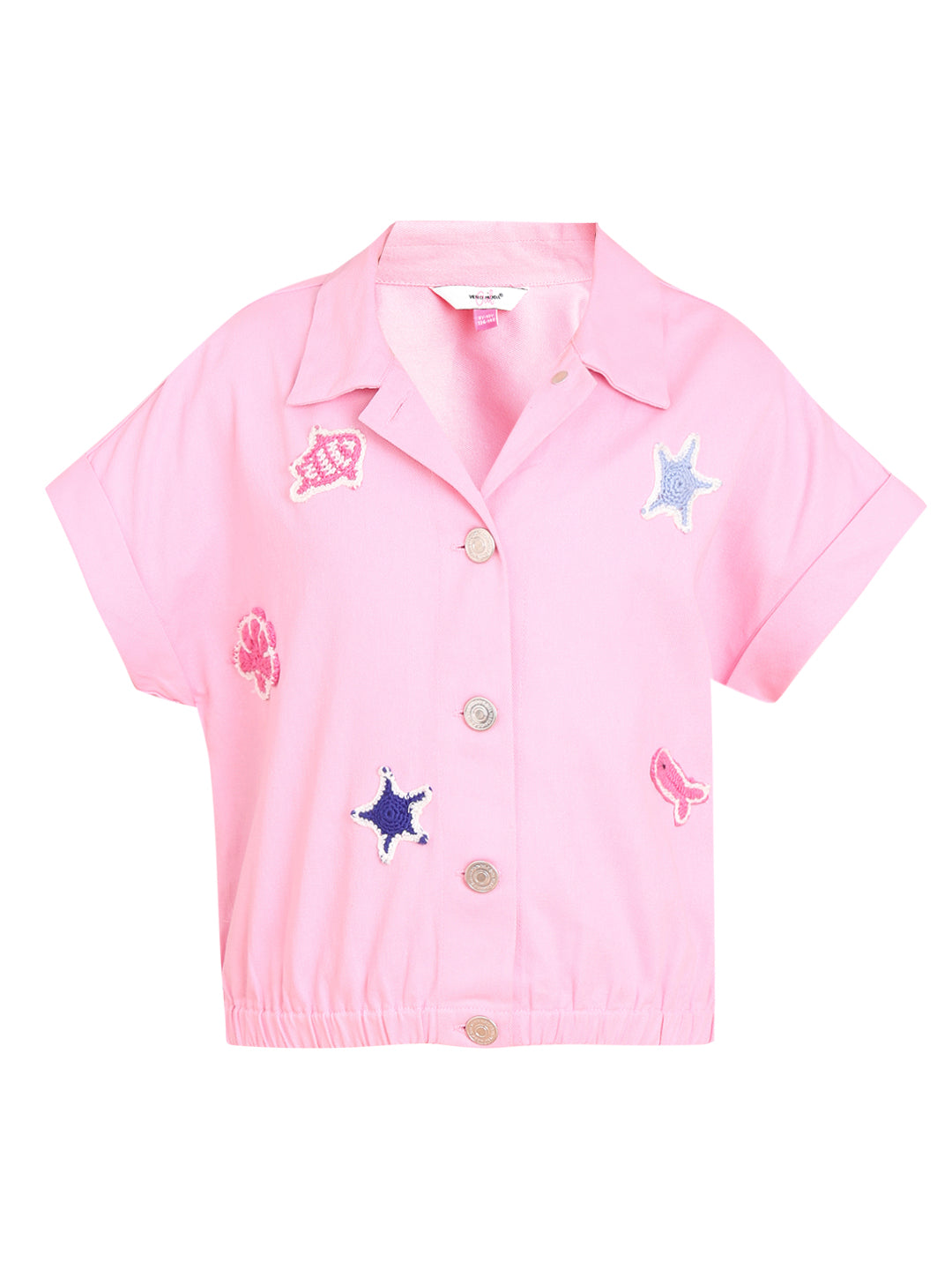 Prism Pink Cotton Embroidered V-Neck Shirt for Girls
