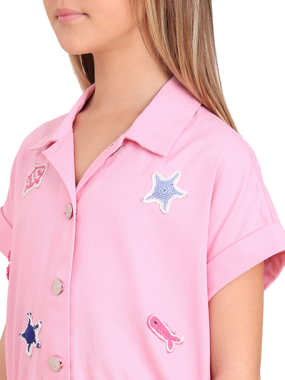 Prism Pink Cotton Embroidered V-Neck Shirt for Girls