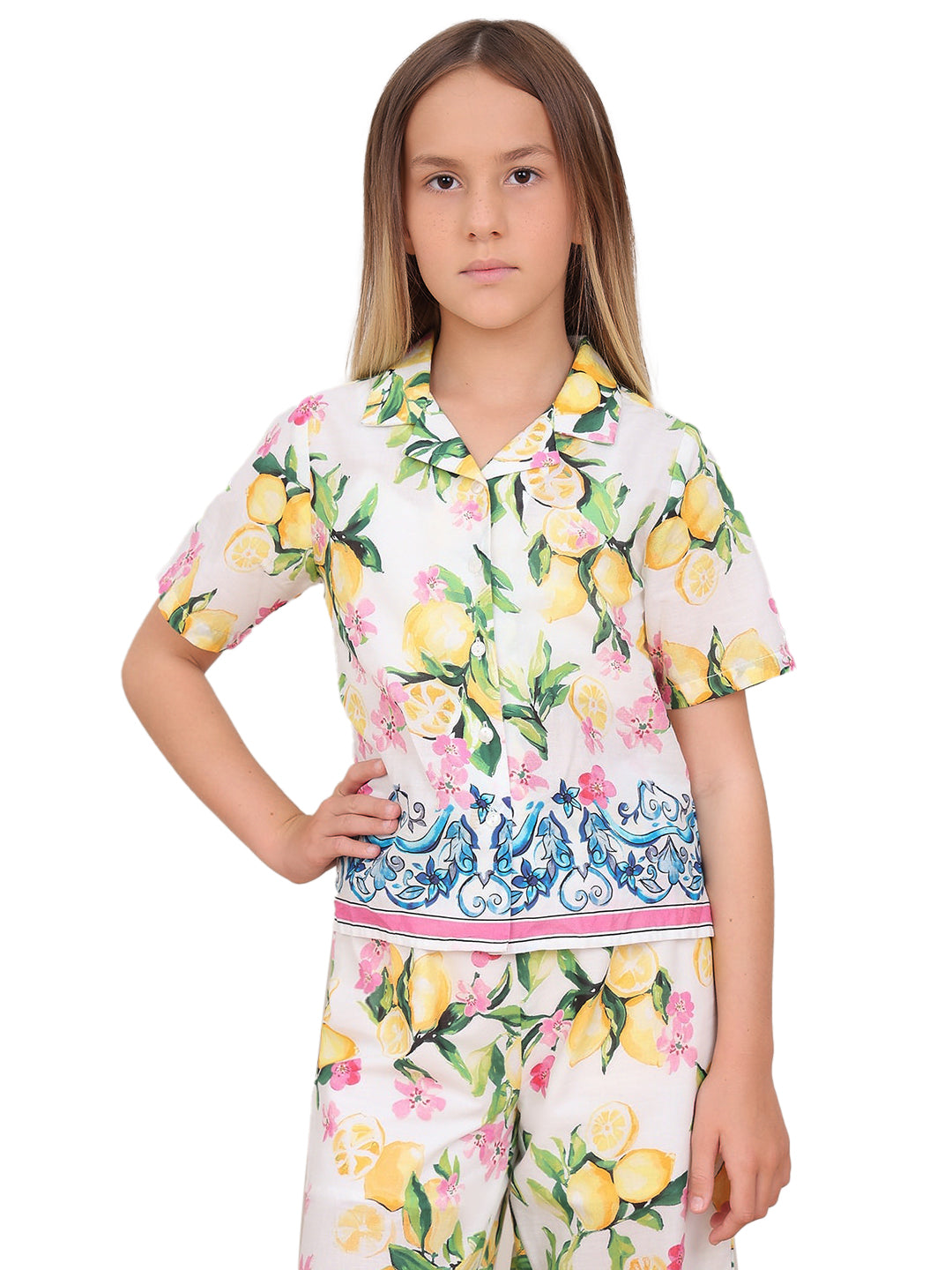 Vibrant Yellow Cotton V-Neck Casual Shirt for Girls
