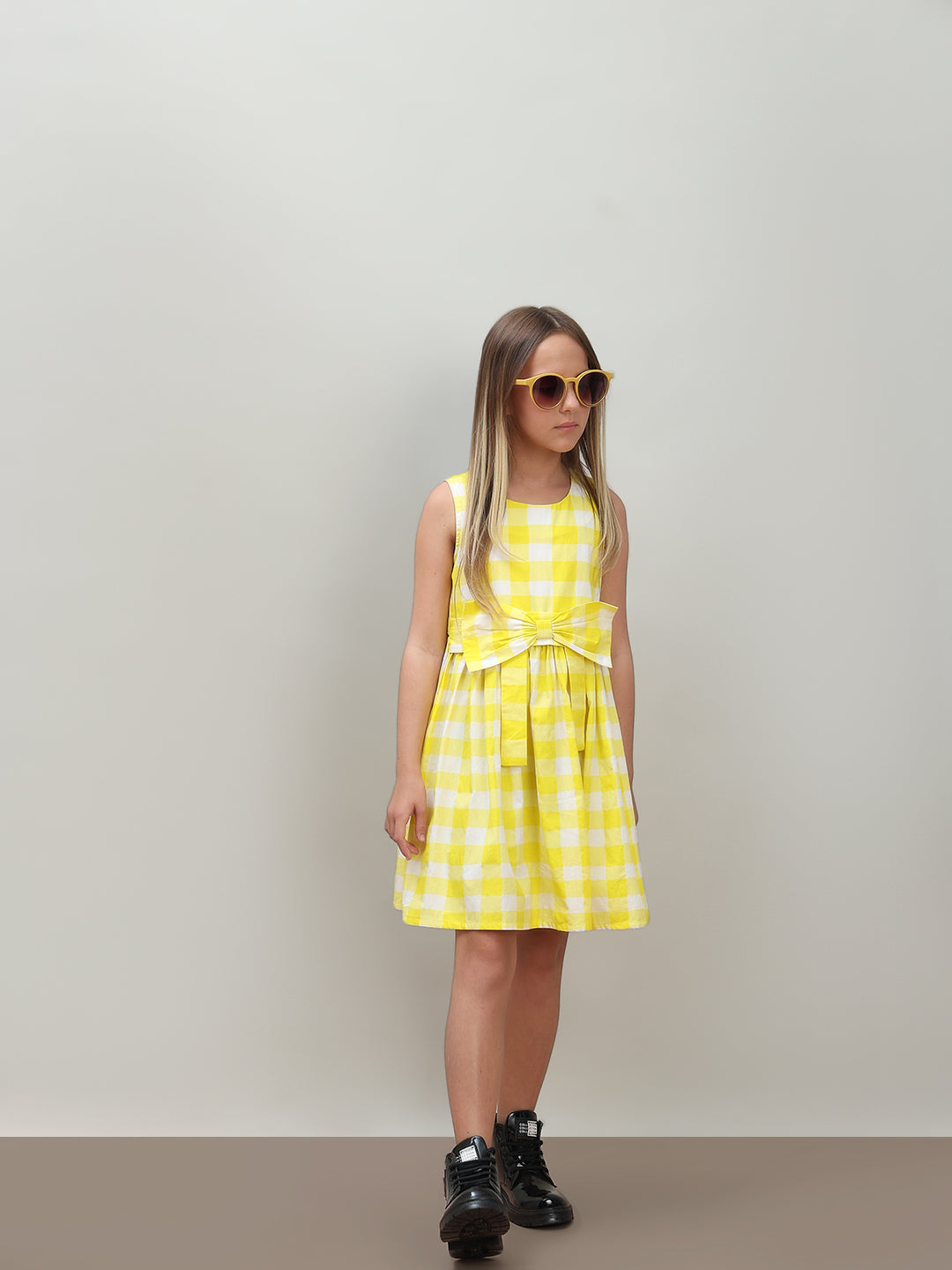 Girls Vibrant Yellow Checked Cotton Fit and Flare Dress with Waist Tie