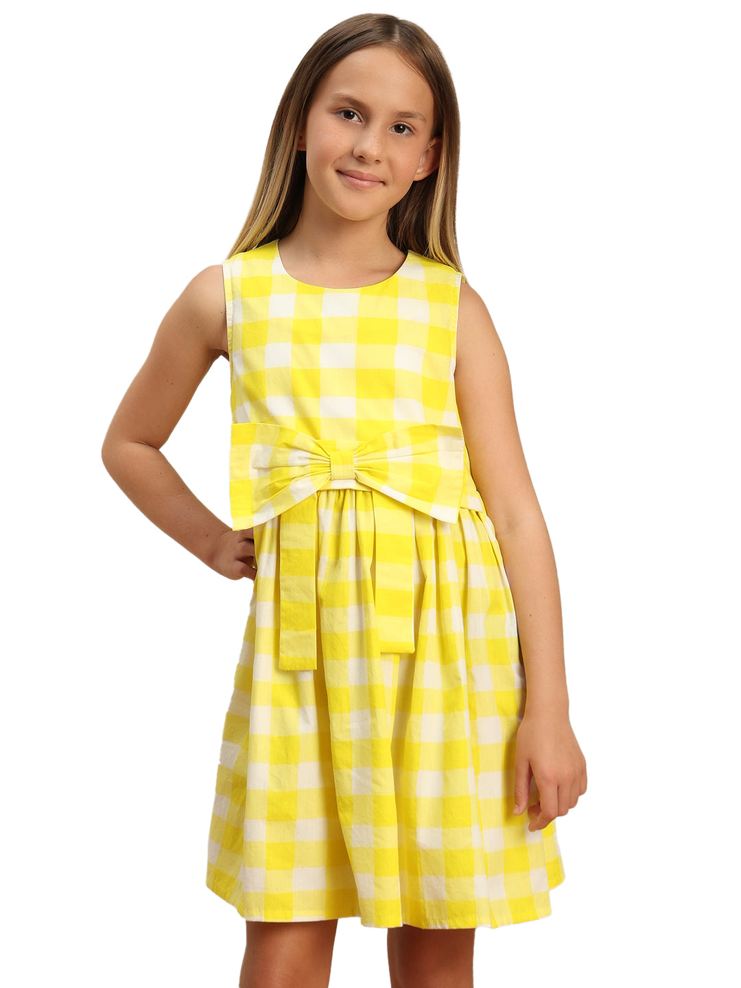 Girls Vibrant Yellow Checked Cotton Fit and Flare Dress with Waist Tie