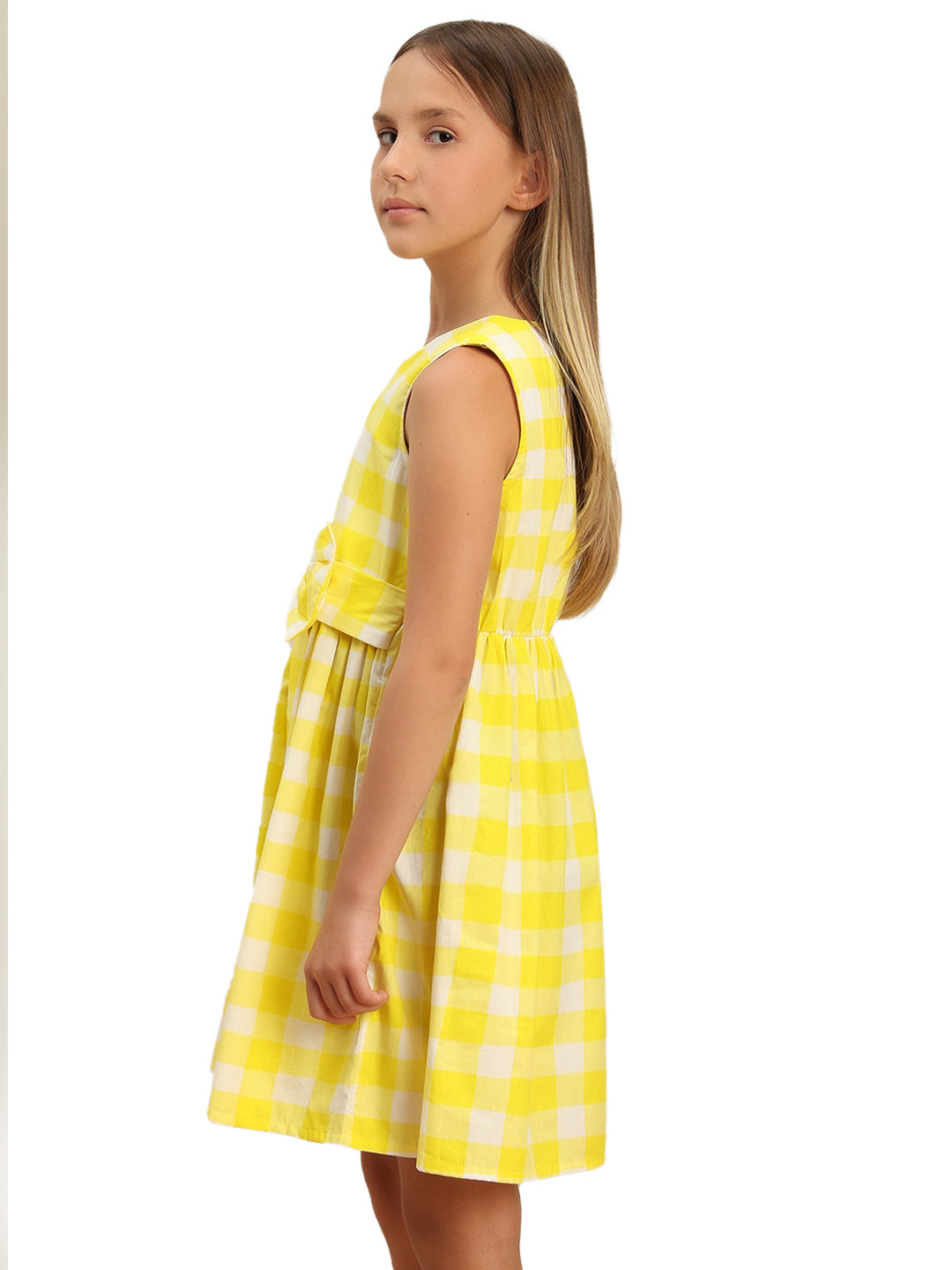 Girls Vibrant Yellow Checked Cotton Fit and Flare Dress with Waist Tie
