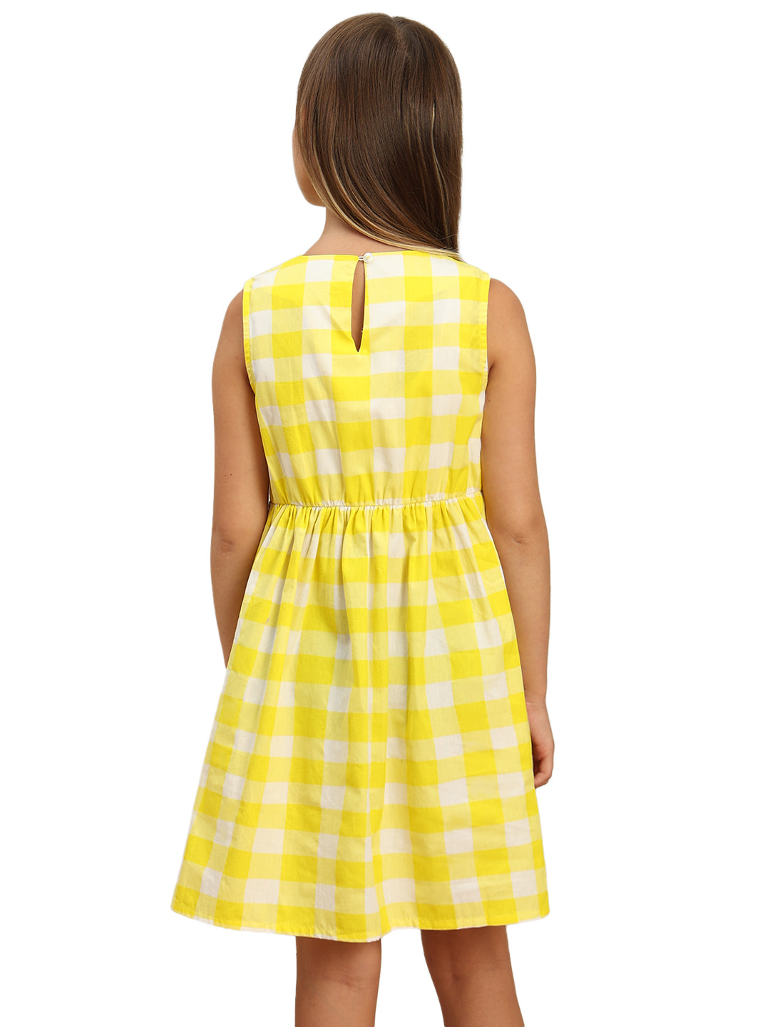 Girls Vibrant Yellow Checked Cotton Fit and Flare Dress with Waist Tie