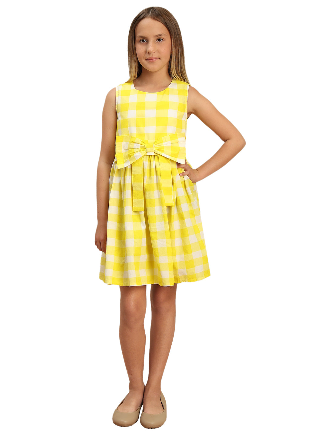 Girls Vibrant Yellow Checked Cotton Fit and Flare Dress with Waist Tie