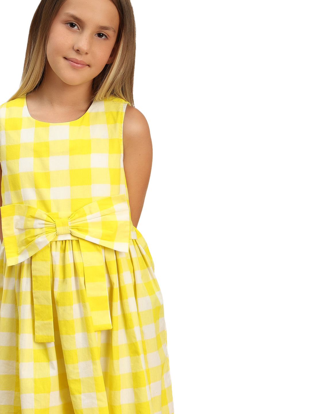 Girls Vibrant Yellow Checked Cotton Fit and Flare Dress with Waist Tie