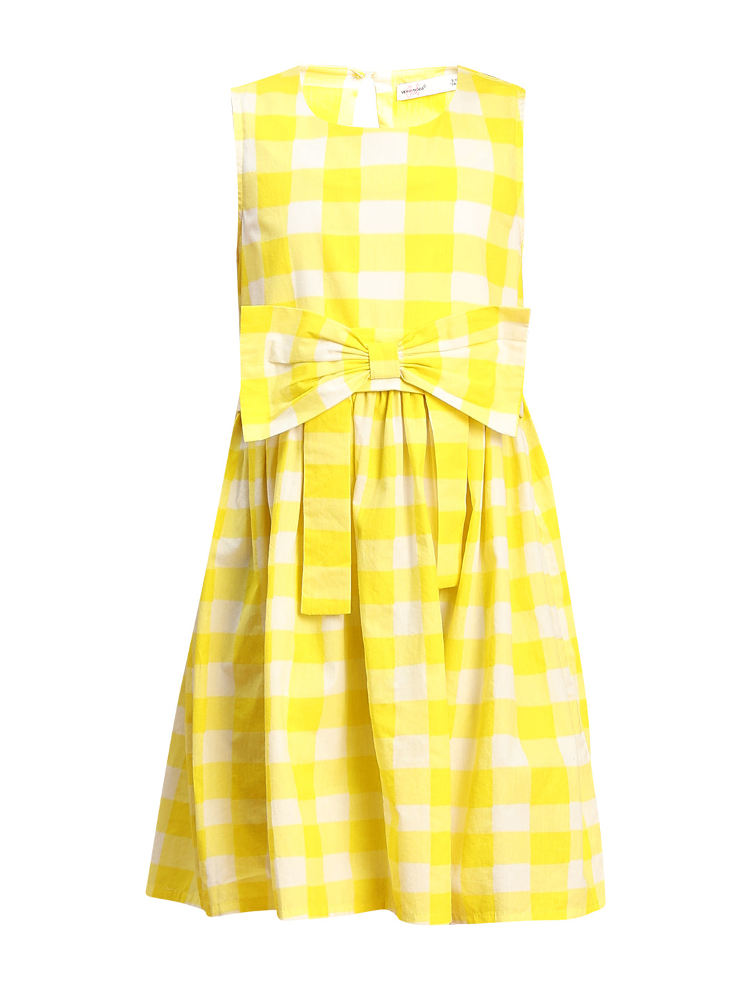 Girls Vibrant Yellow Checked Cotton Fit and Flare Dress with Waist Tie