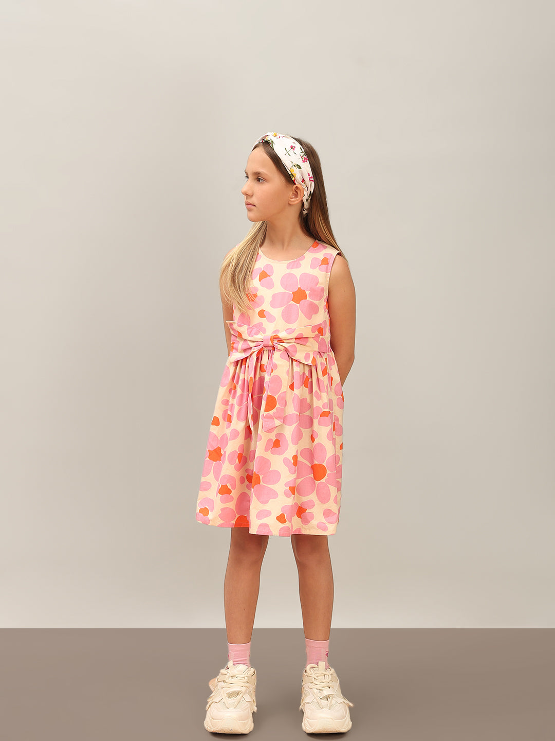 Girls Cream Pink Printed Cotton Fit and Flare Dress with Waist Tie