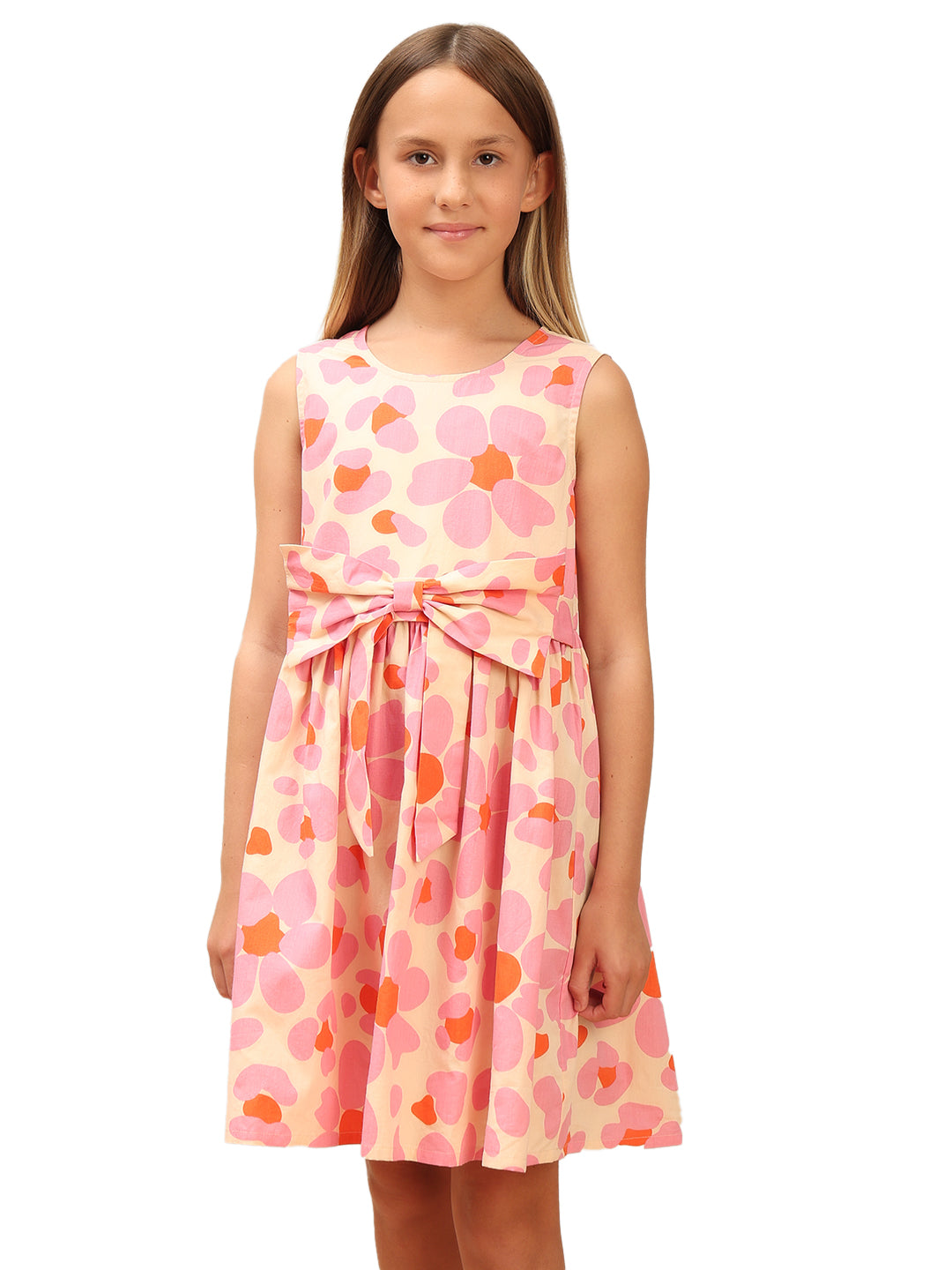 Girls Cream Pink Printed Cotton Fit and Flare Dress with Waist Tie