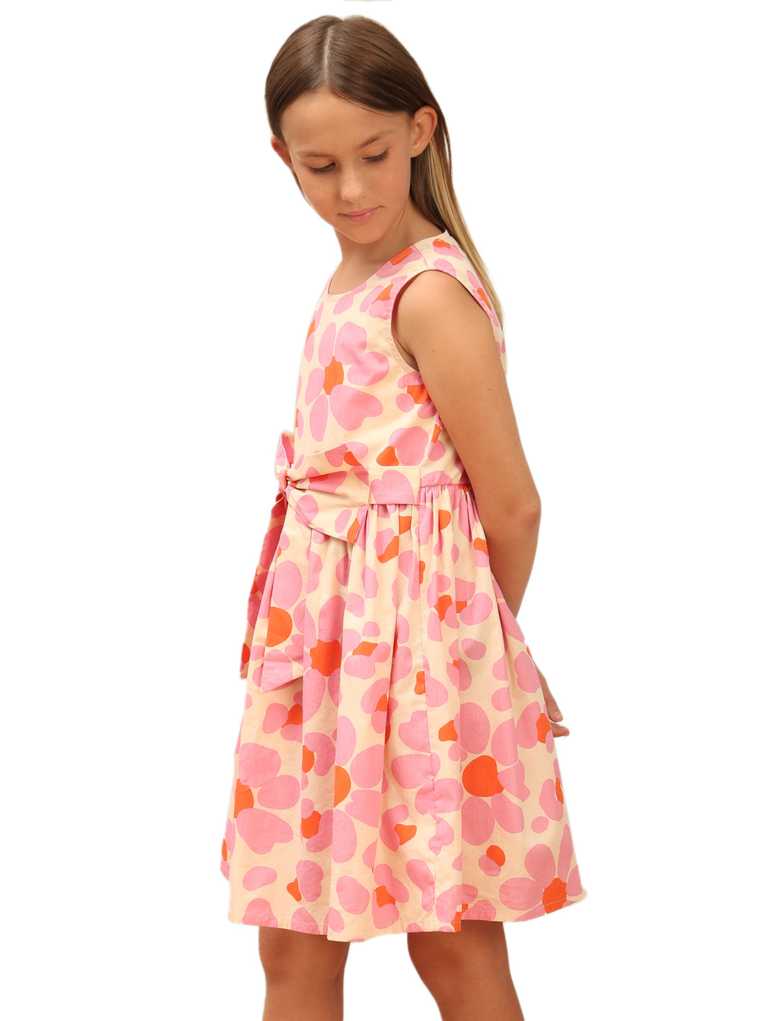 Girls Cream Pink Printed Cotton Fit and Flare Dress with Waist Tie