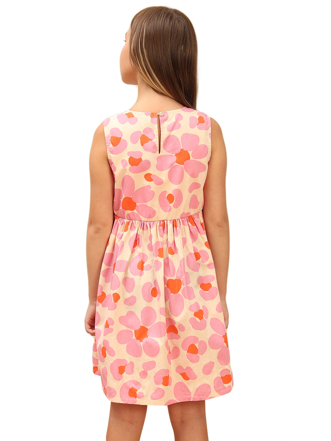 Girls Cream Pink Printed Cotton Fit and Flare Dress with Waist Tie