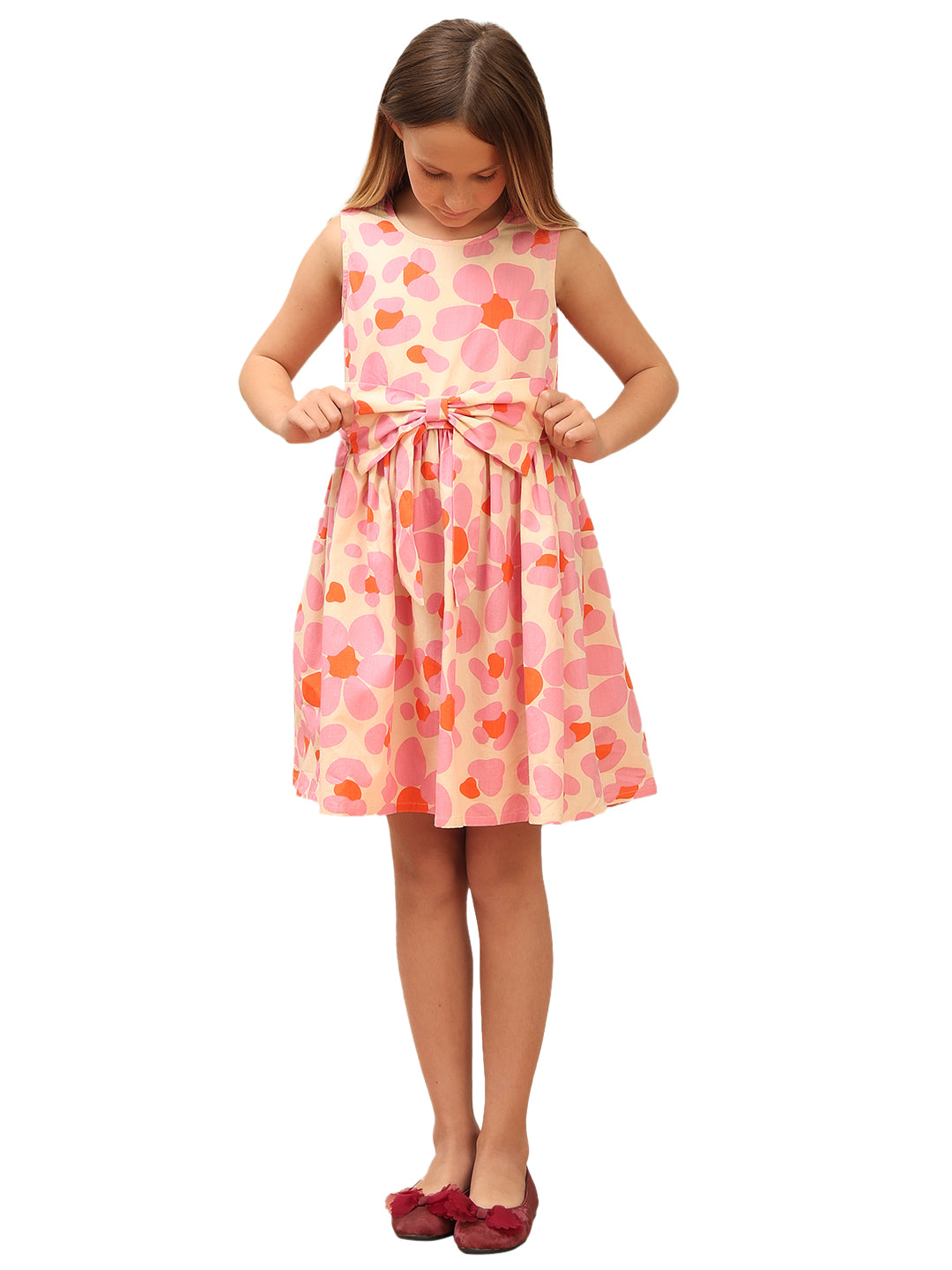 Girls Cream Pink Printed Cotton Fit and Flare Dress with Waist Tie