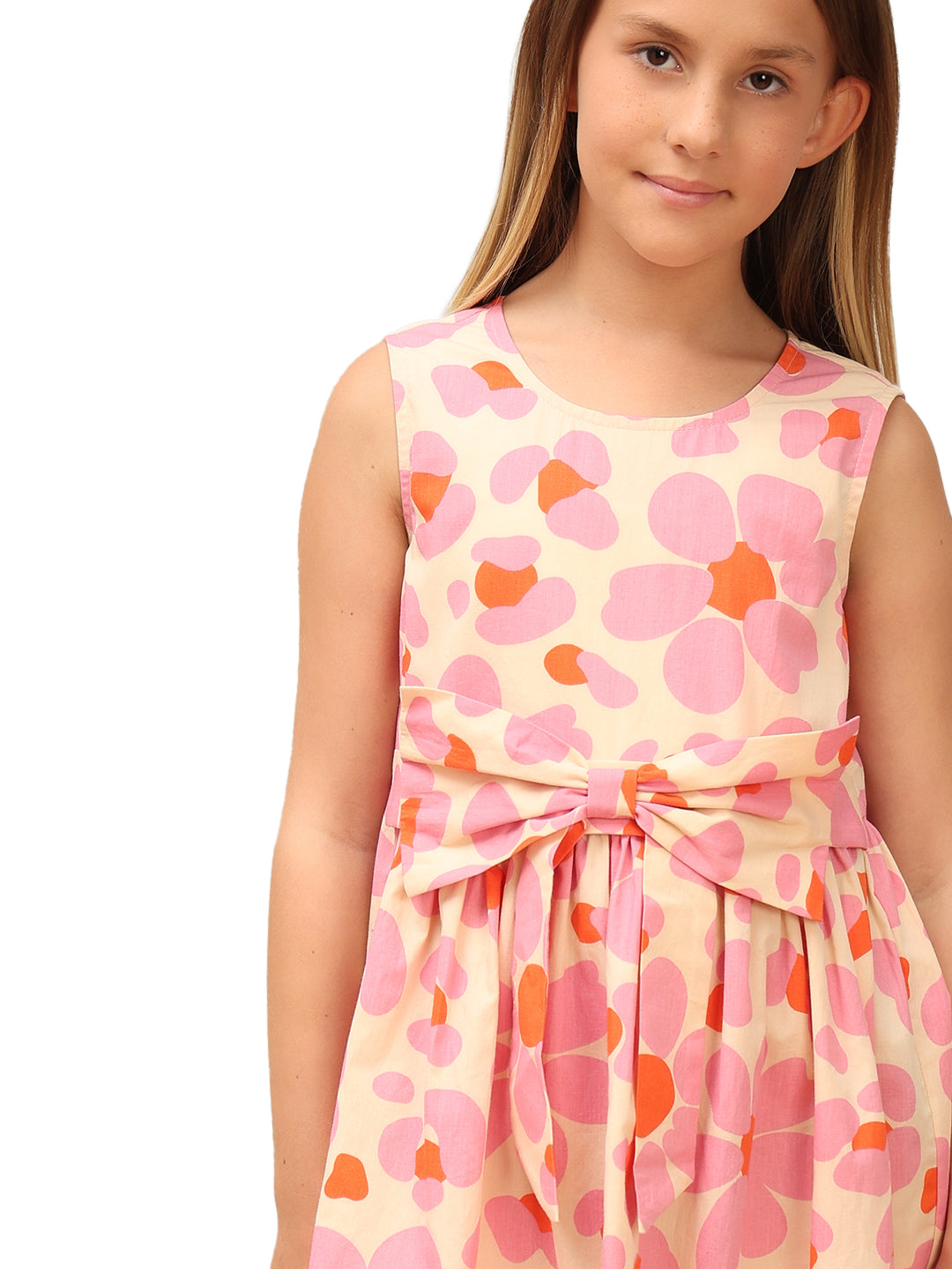 Girls Cream Pink Printed Cotton Fit and Flare Dress with Waist Tie