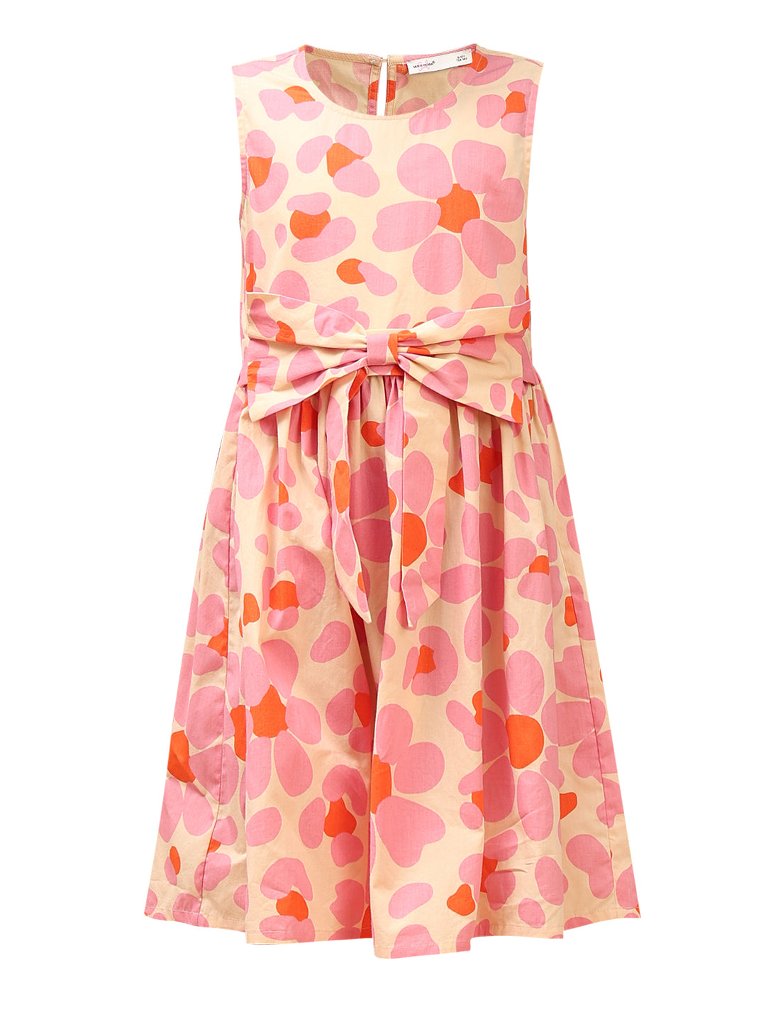 Girls Cream Pink Printed Cotton Fit and Flare Dress with Waist Tie
