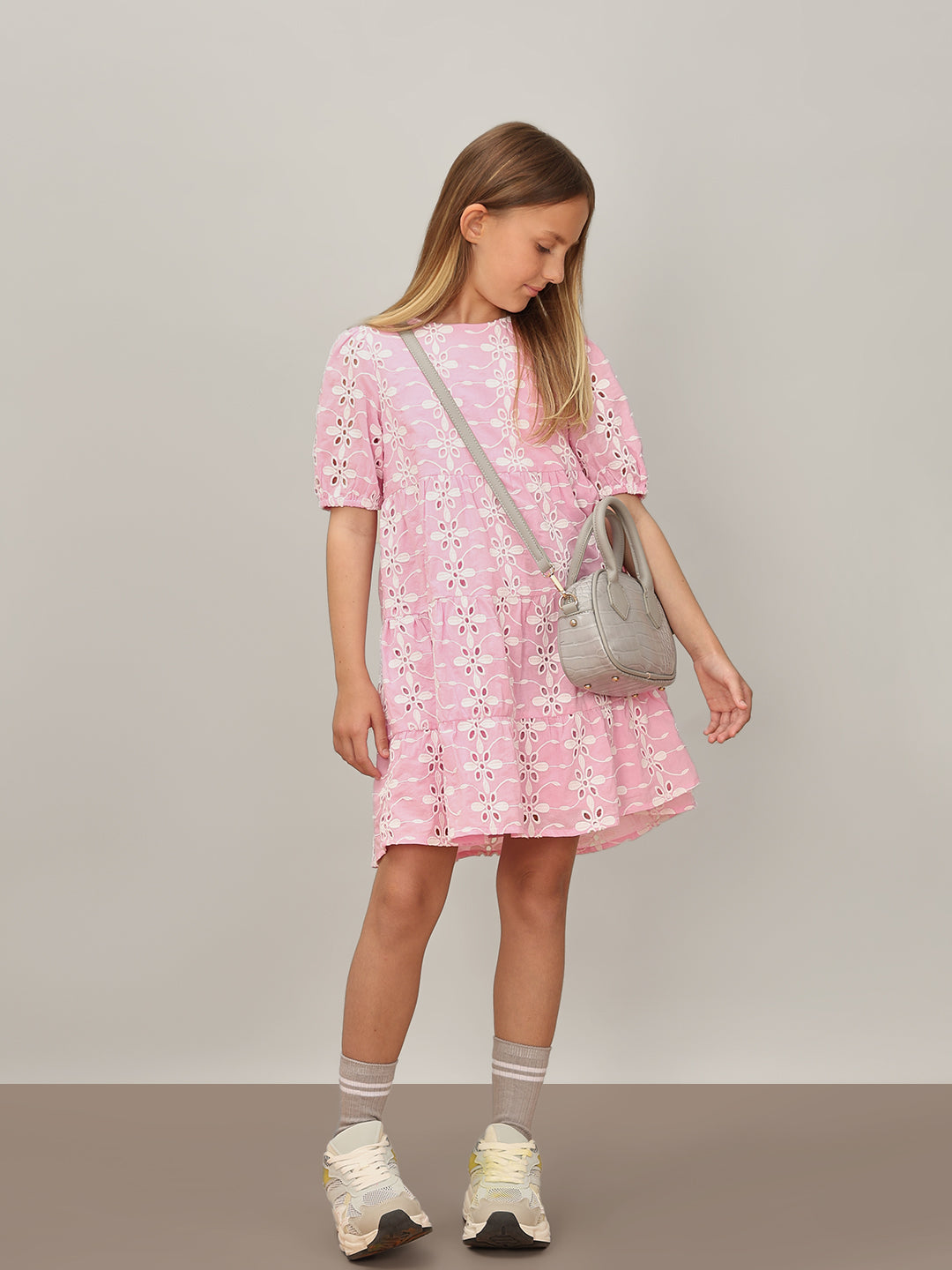 Girls Prism Pink Embroidered Cotton Fit and Flare Tiered Dress