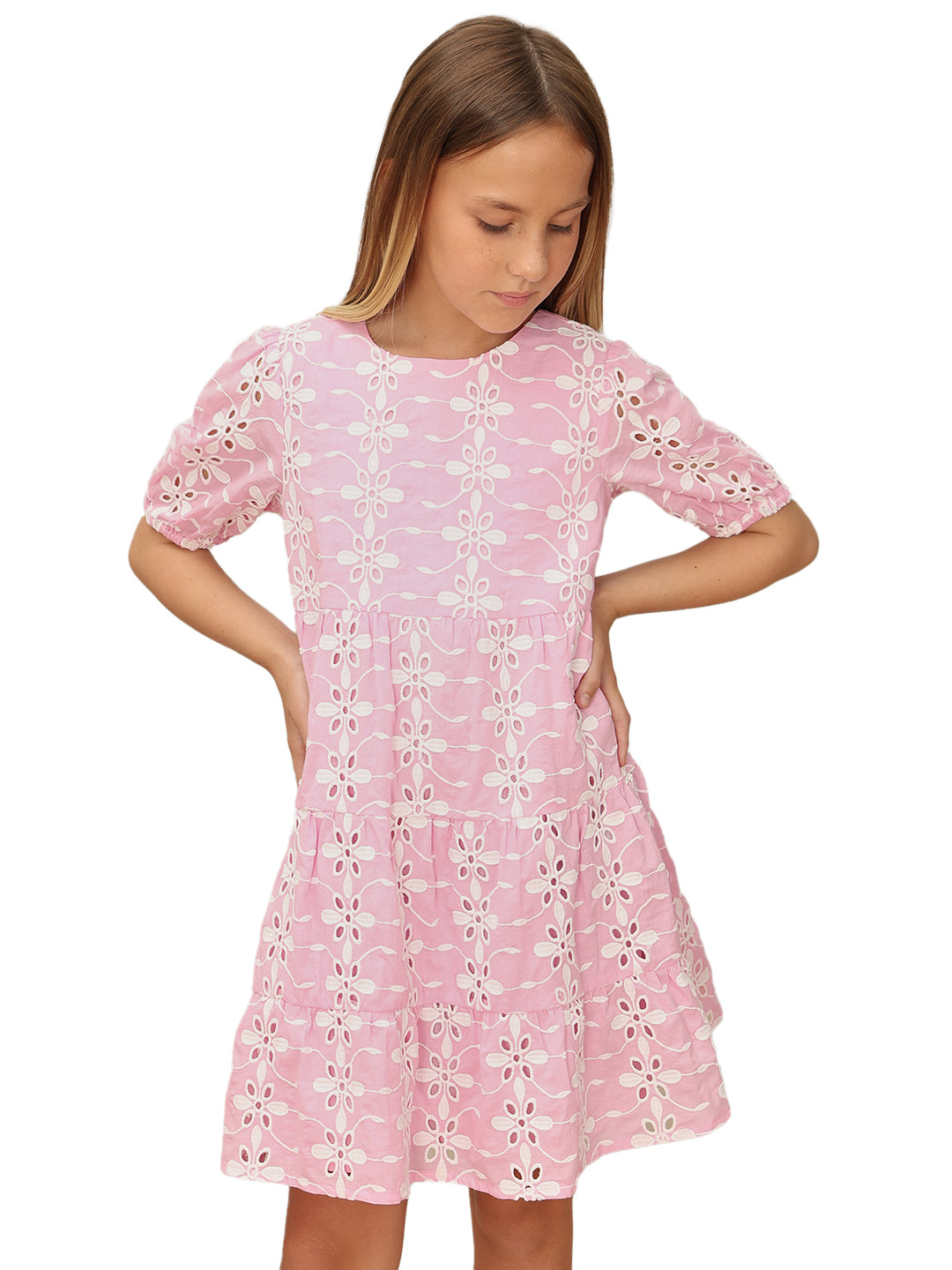 Girls Prism Pink Embroidered Cotton Fit and Flare Tiered Dress