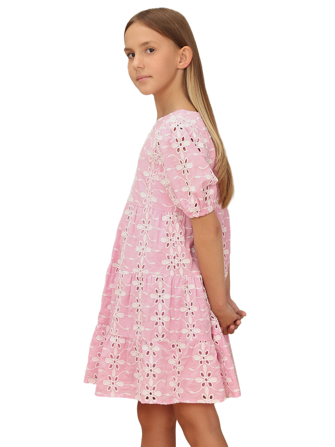 Girls Prism Pink Embroidered Cotton Fit and Flare Tiered Dress