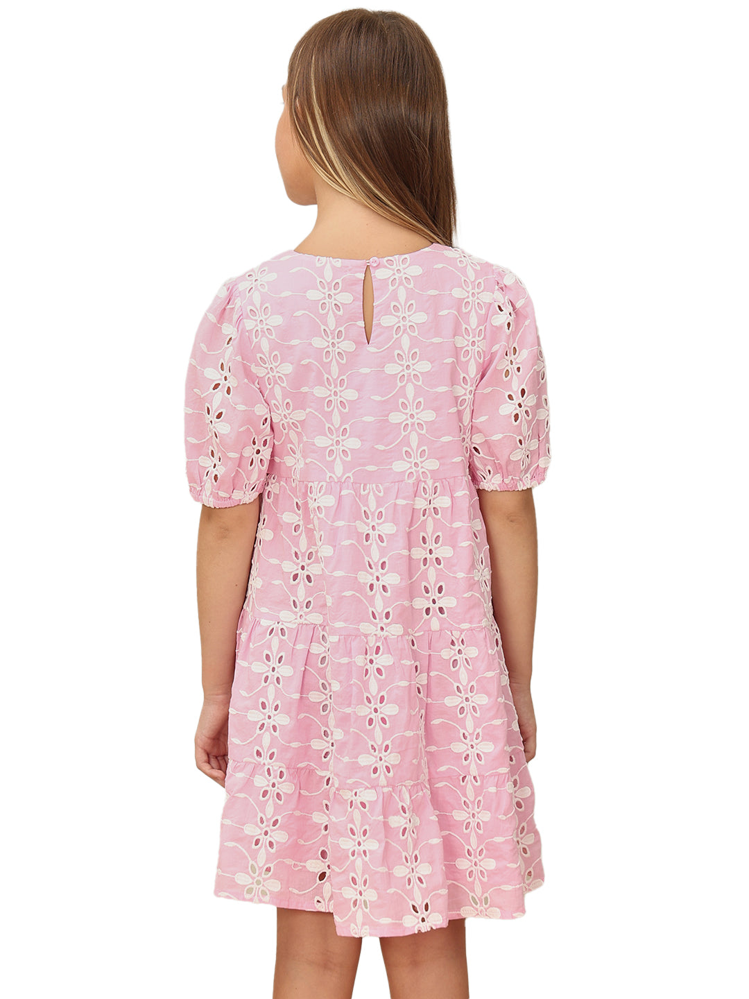 Girls Prism Pink Embroidered Cotton Fit and Flare Tiered Dress