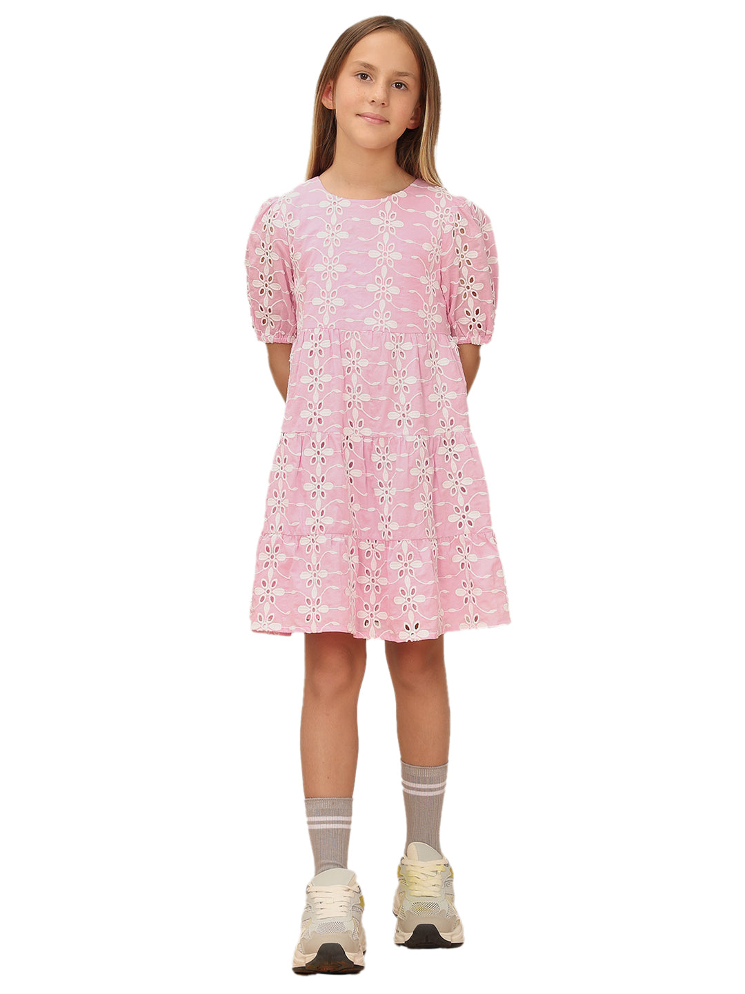 Girls Prism Pink Embroidered Cotton Fit and Flare Tiered Dress