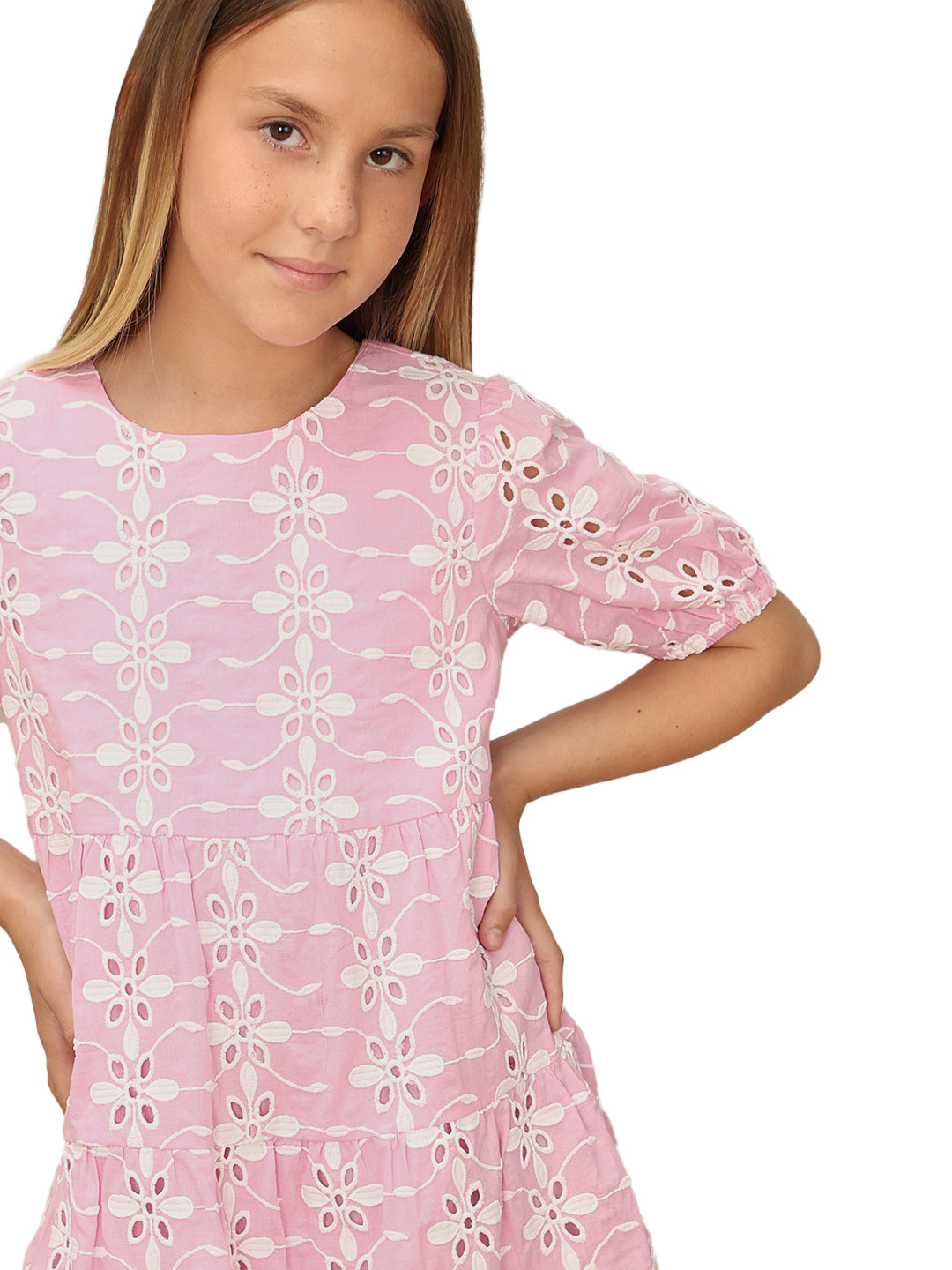 Girls Prism Pink Embroidered Cotton Fit and Flare Tiered Dress