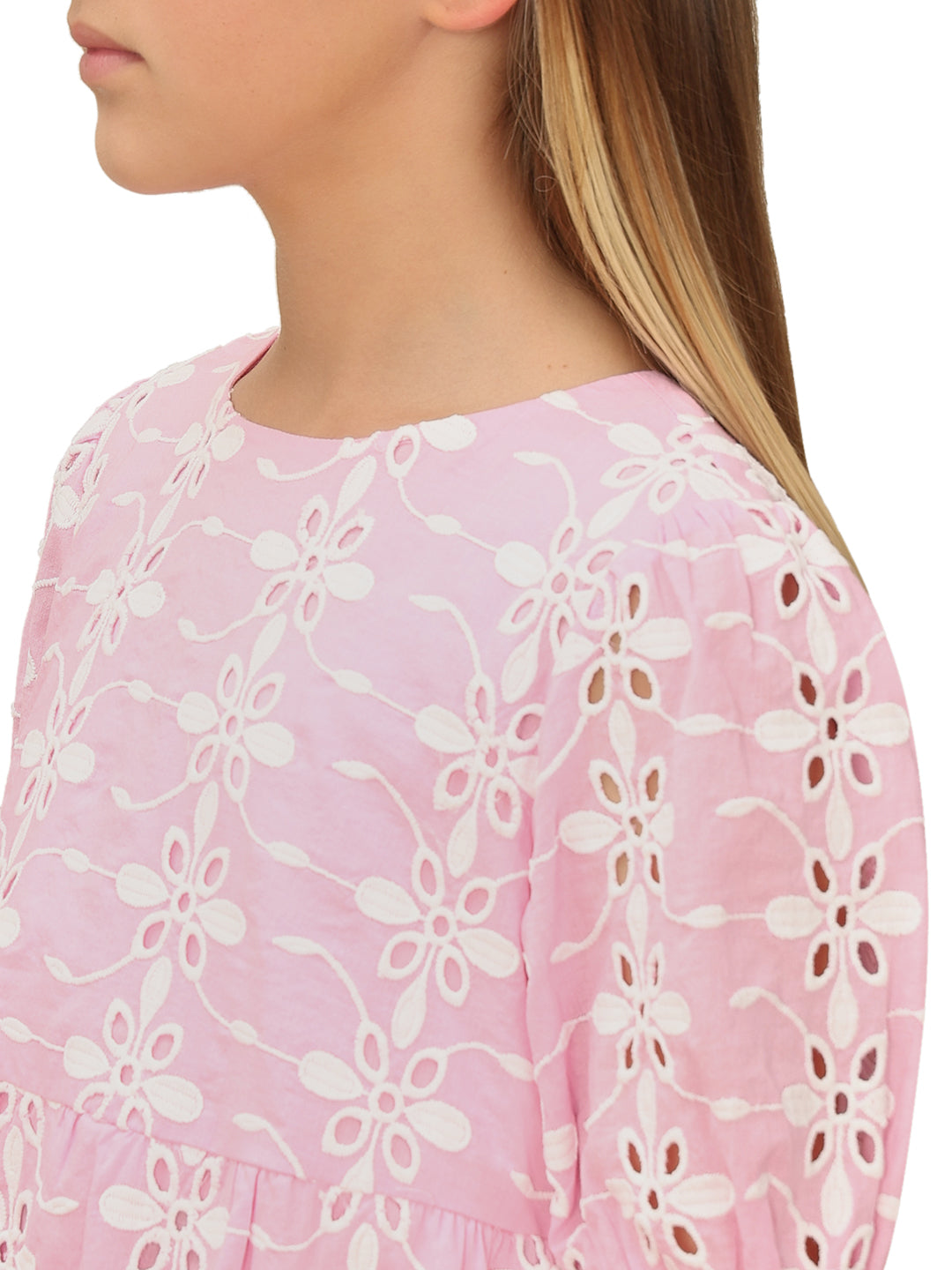 Girls Prism Pink Embroidered Cotton Fit and Flare Tiered Dress