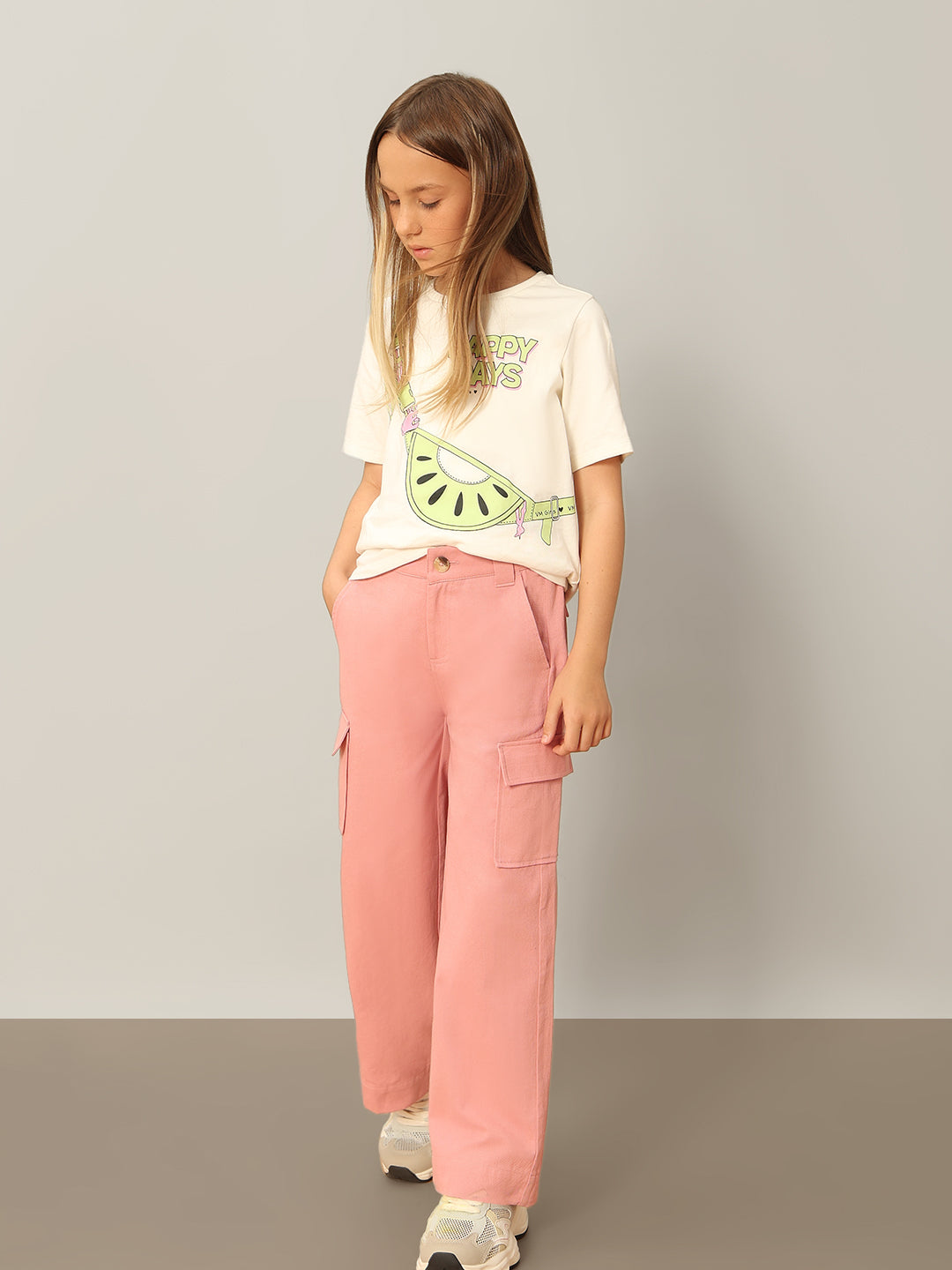 Dusty Pink Cotton Wide Leg Cargo Pants for Girls