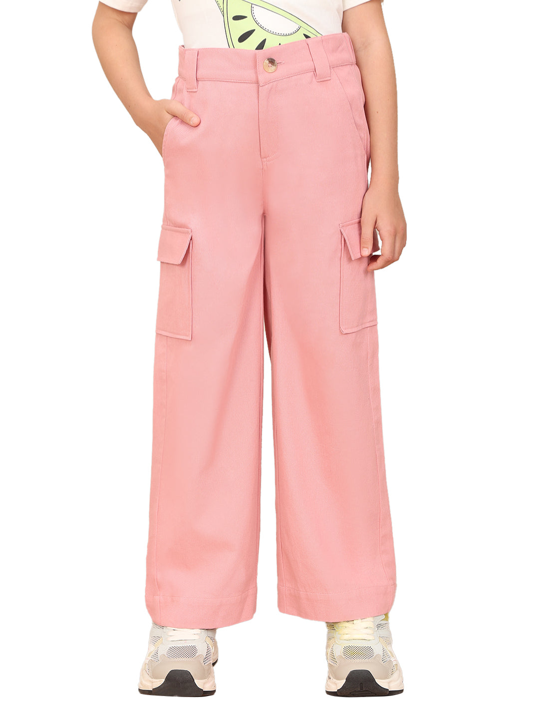 Dusty Pink Cotton Wide Leg Cargo Pants for Girls