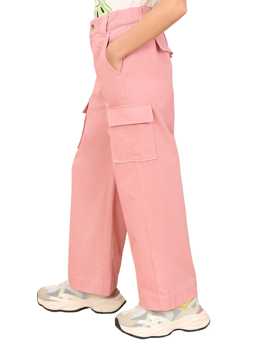 Dusty Pink Cotton Wide Leg Cargo Pants for Girls
